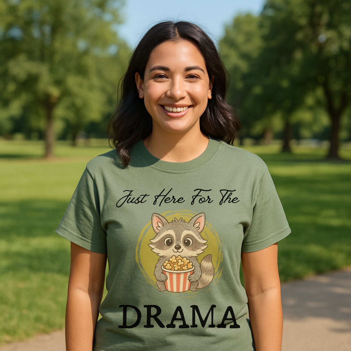 "Just Here for the Drama" Funny Raccoon T-Shirt – Cute Popcorn Animal Graphic Tee
