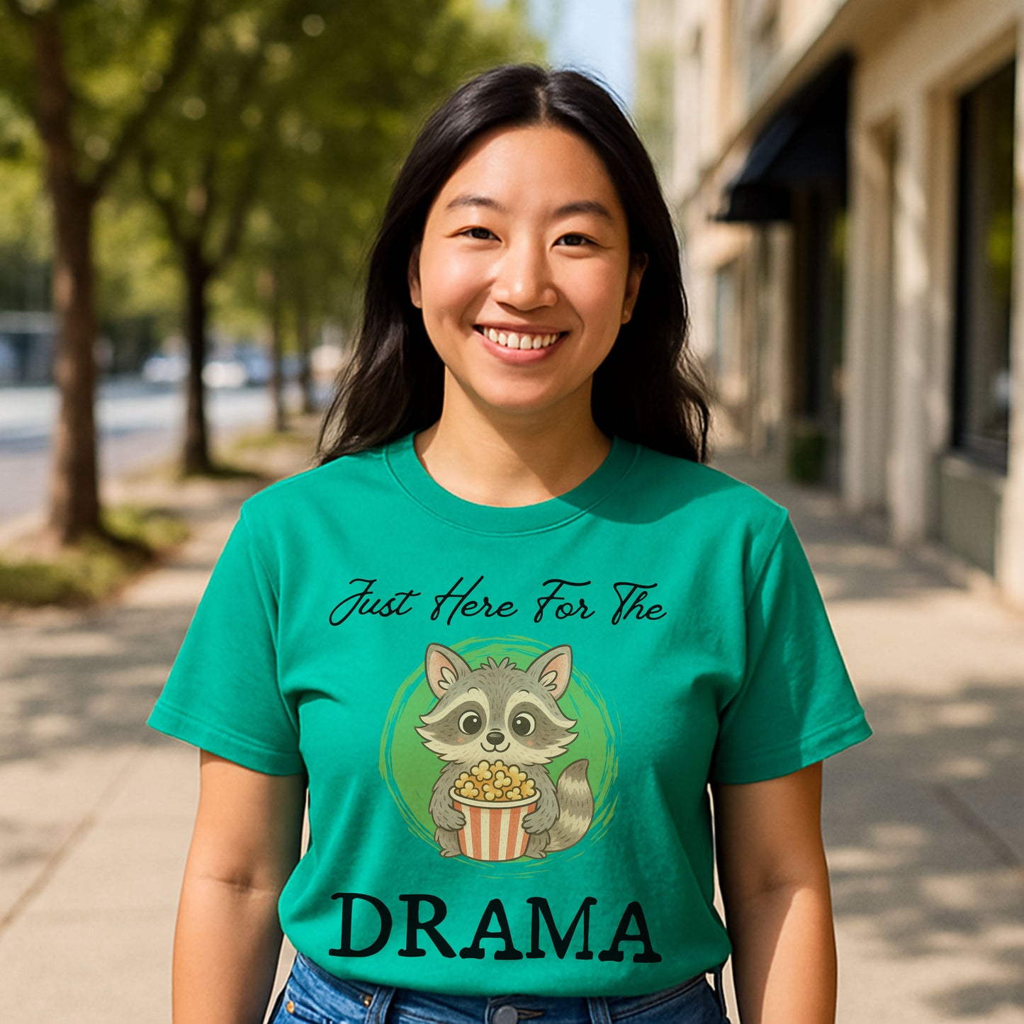 "Just Here for the Drama" Funny Raccoon T-Shirt – Cute Popcorn Animal Graphic Tee