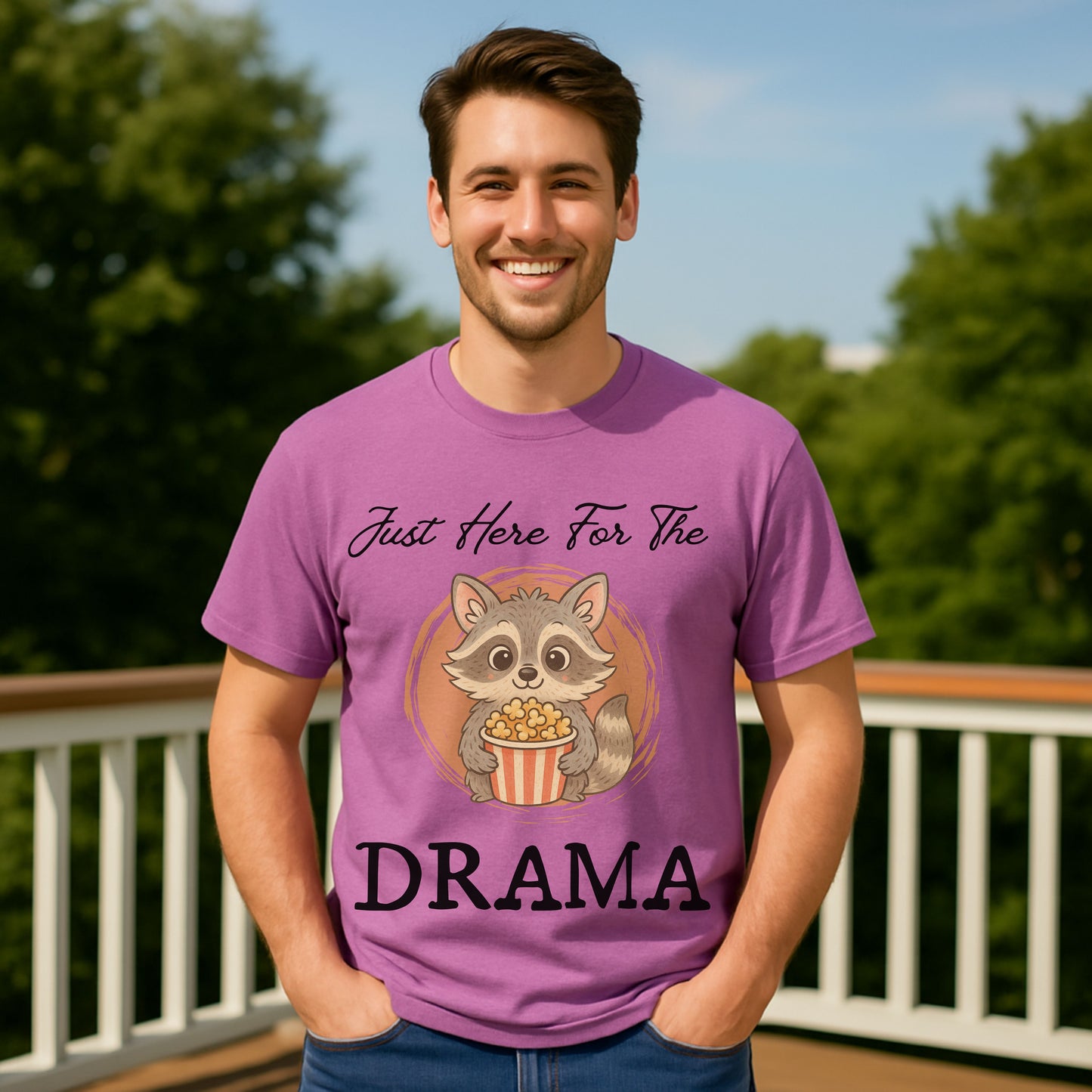"Just Here for the Drama" Funny Raccoon T-Shirt – Cute Popcorn Animal Graphic Tee