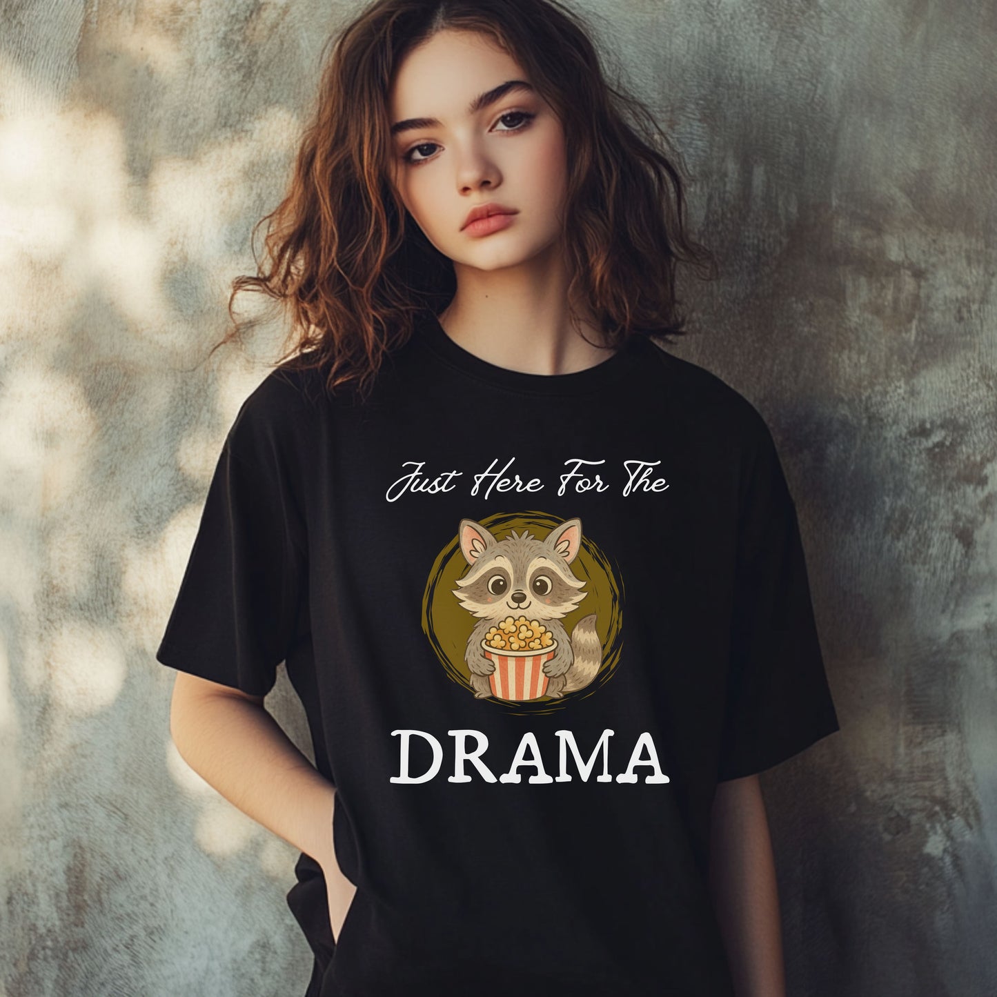 "Just Here for the Drama" Funny Raccoon T-Shirt – Cute Popcorn Animal Graphic Tee
