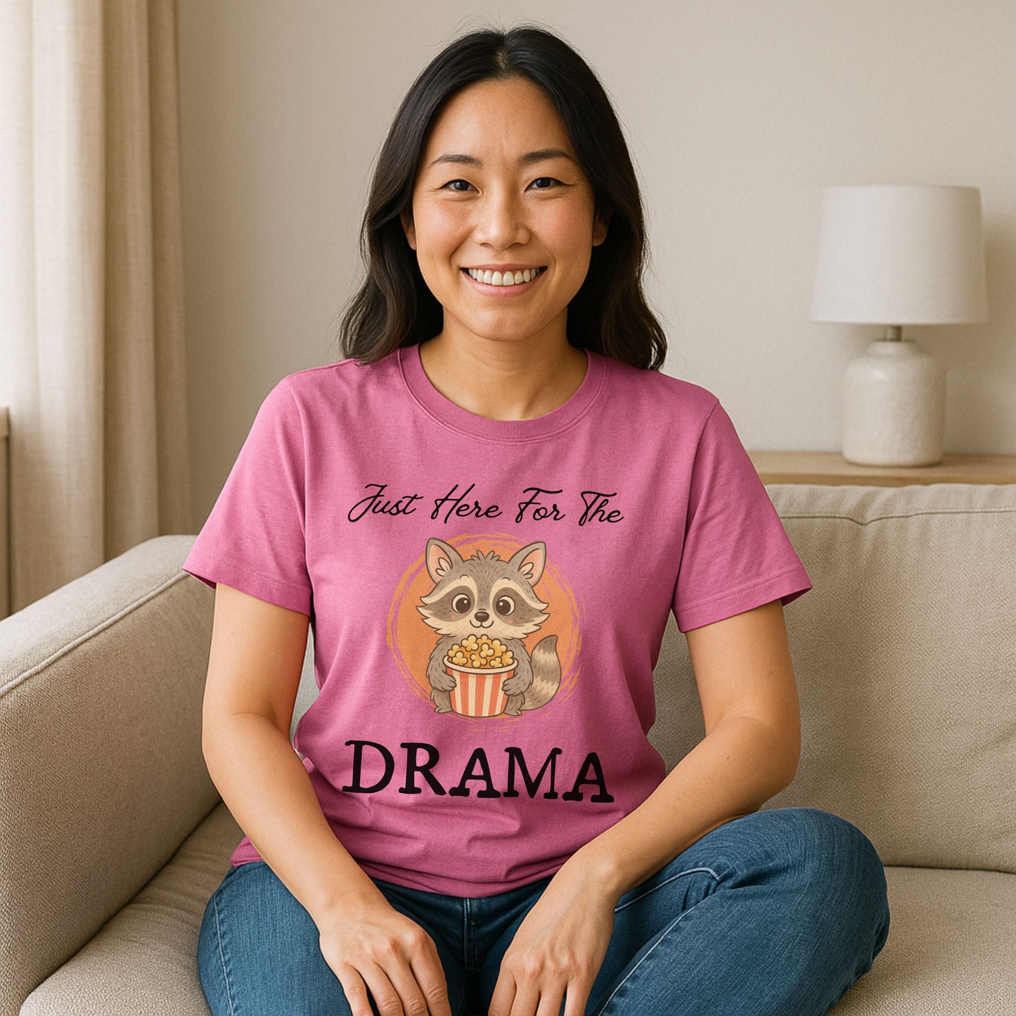 "Just Here for the Drama" Funny Raccoon T-Shirt – Cute Popcorn Animal Graphic Tee