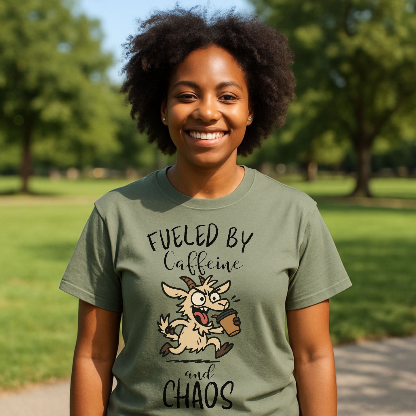 Fueled by Caffeine and Chaos Goat T-Shirt – Funny Coffee Farm Animal Tee for Goat Lovers