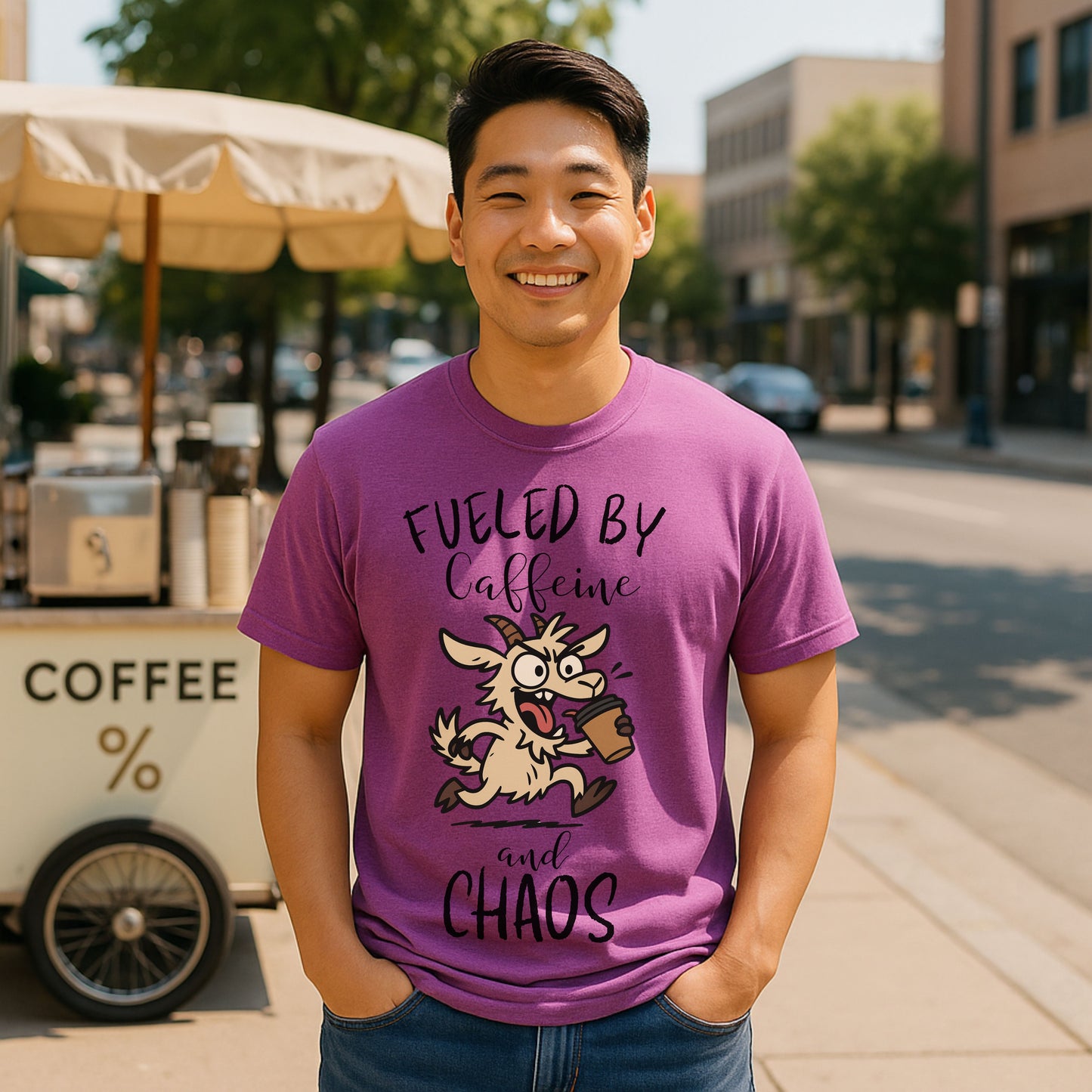 Fueled by Caffeine and Chaos Goat T-Shirt – Funny Coffee Farm Animal Tee for Goat Lovers