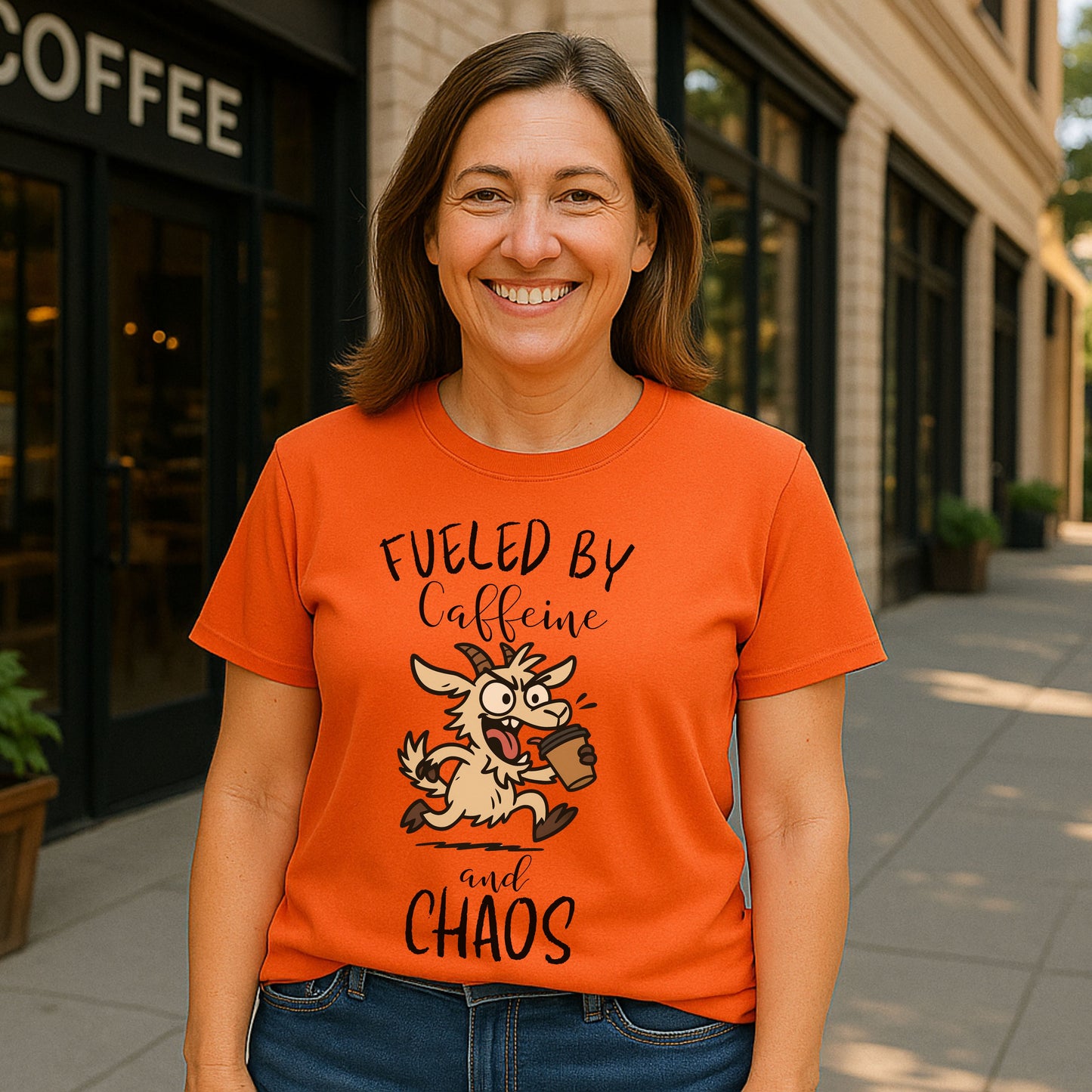 Fueled by Caffeine and Chaos Goat T-Shirt – Funny Coffee Farm Animal Tee for Goat Lovers