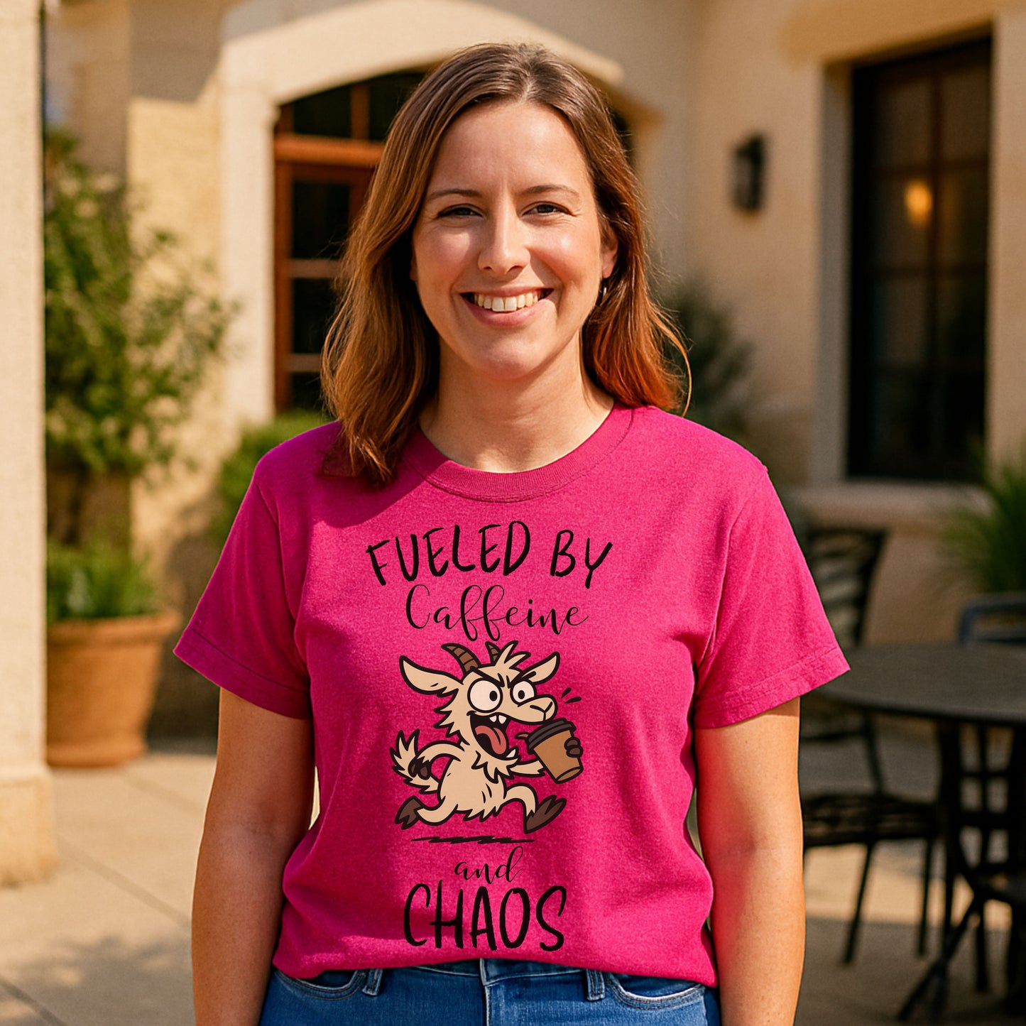 Fueled by Caffeine and Chaos Goat T-Shirt – Funny Coffee Farm Animal Tee for Goat Lovers