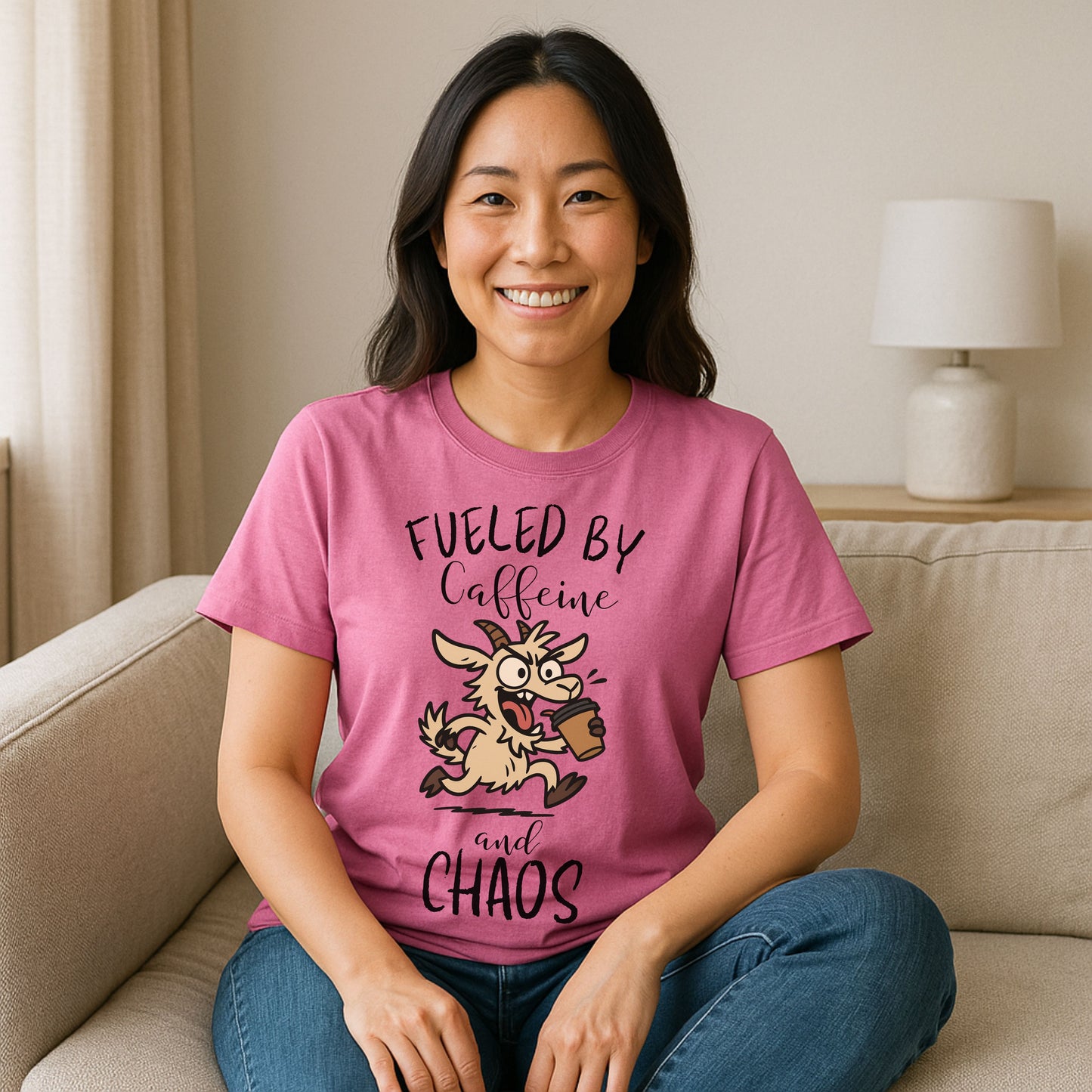 Fueled by Caffeine and Chaos Goat T-Shirt – Funny Coffee Farm Animal Tee for Goat Lovers