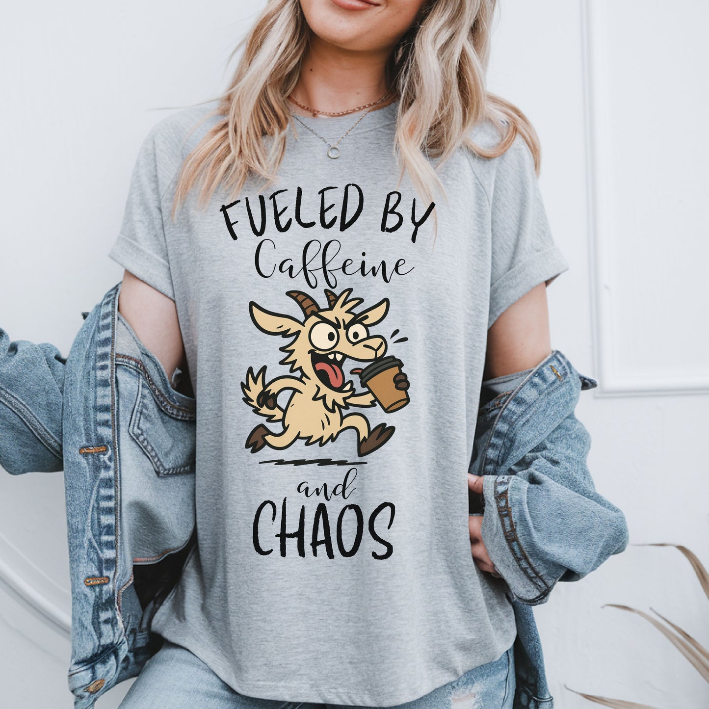 Fueled by Caffeine and Chaos Goat T-Shirt – Funny Coffee Farm Animal Tee for Goat Lovers