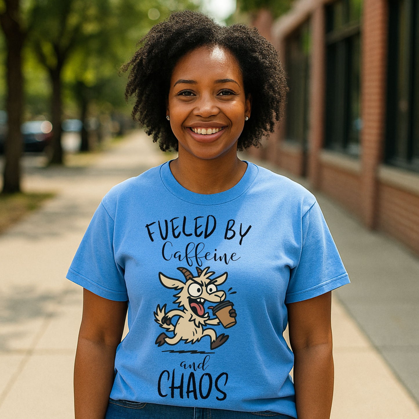 Fueled by Caffeine and Chaos Goat T-Shirt – Funny Coffee Farm Animal Tee for Goat Lovers