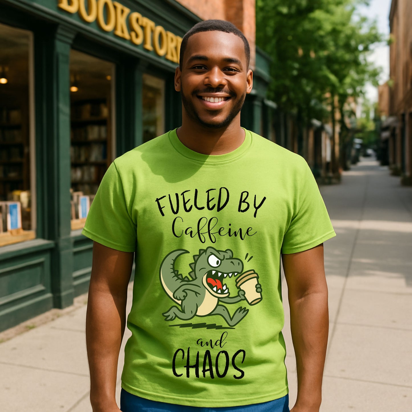 Fueled by Caffeine and Chaos Dinosaur T-Shirt – Funny Coffee T-Rex Tee for Caffeine Addicts