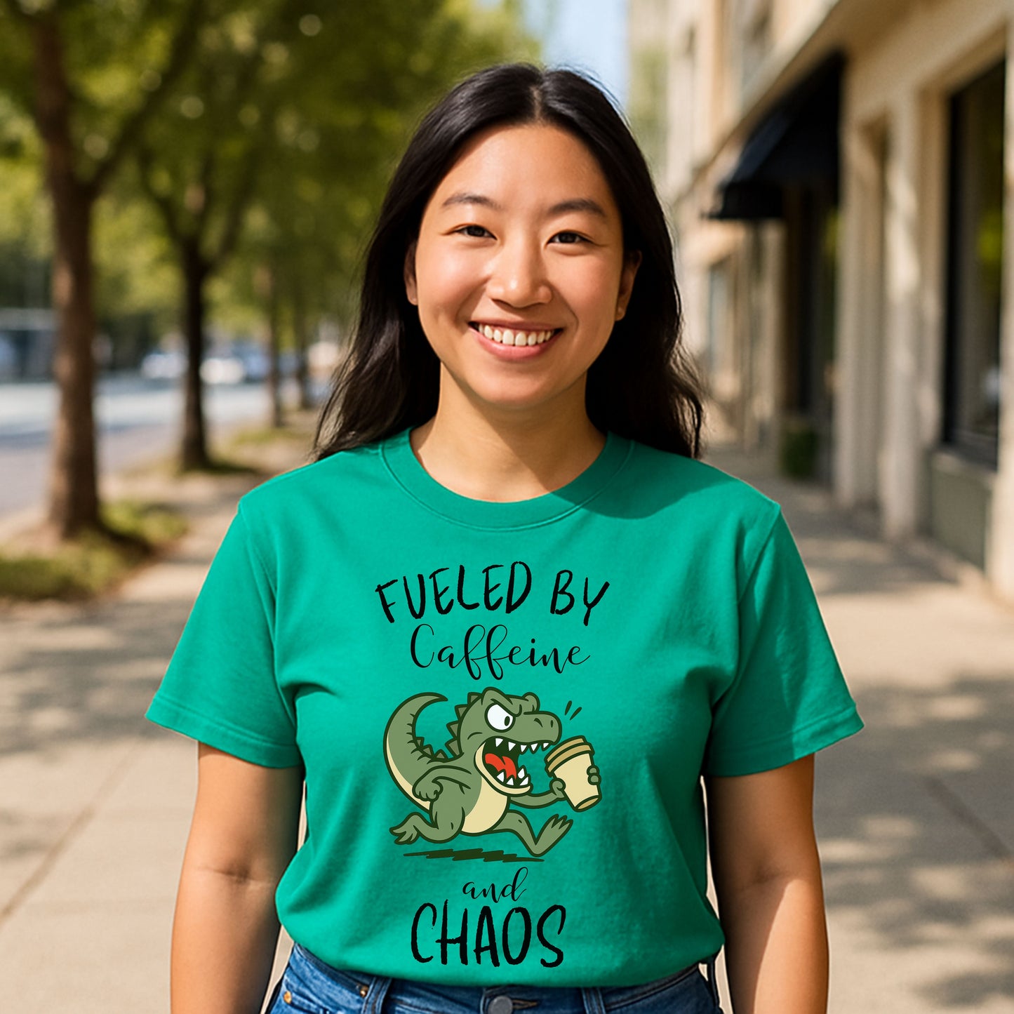 Fueled by Caffeine and Chaos Dinosaur T-Shirt – Funny Coffee T-Rex Tee for Caffeine Addicts