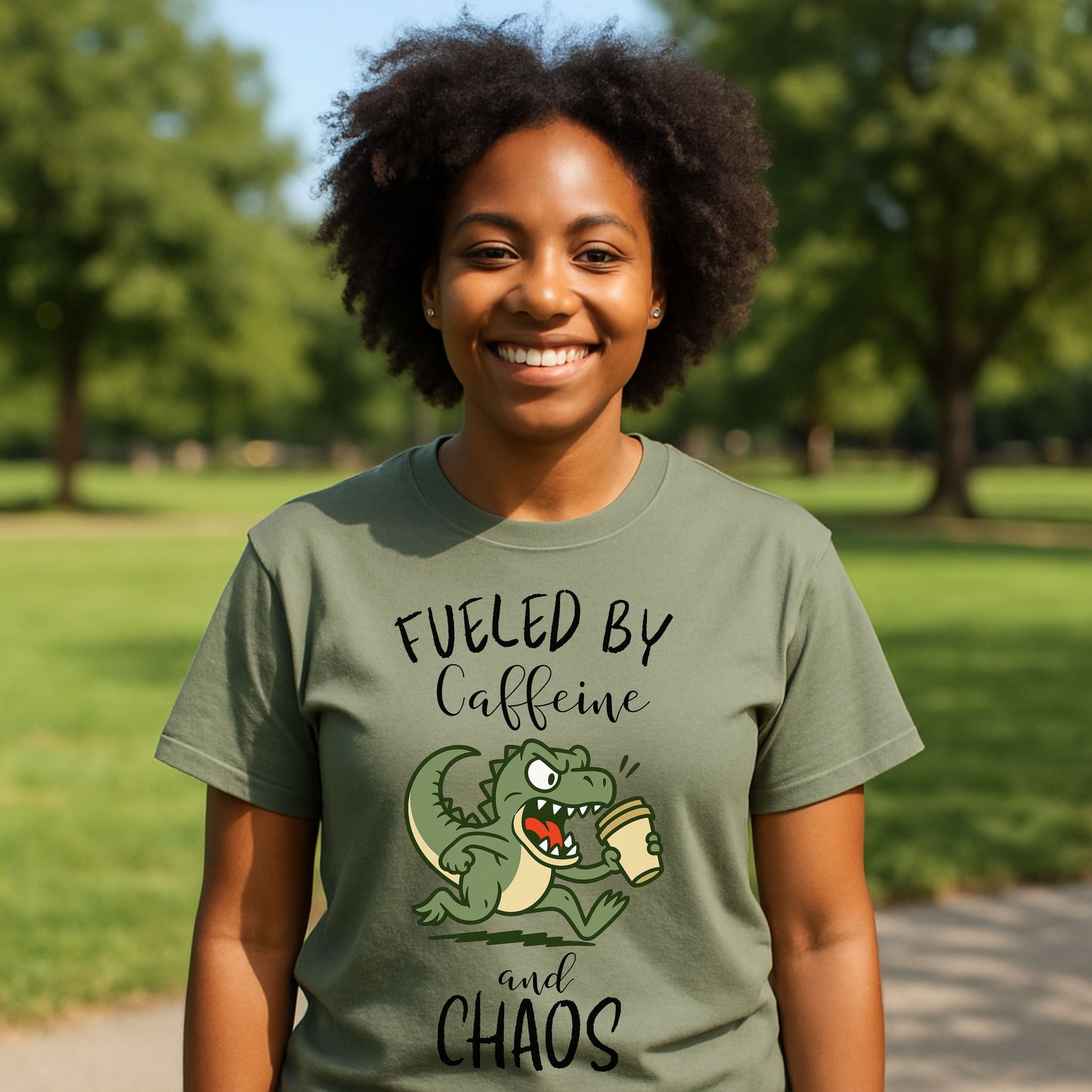 Fueled by Caffeine and Chaos Dinosaur T-Shirt – Funny Coffee T-Rex Tee for Caffeine Addicts
