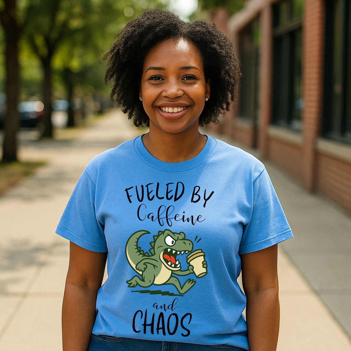 Fueled by Caffeine and Chaos Dinosaur T-Shirt – Funny Coffee T-Rex Tee for Caffeine Addicts