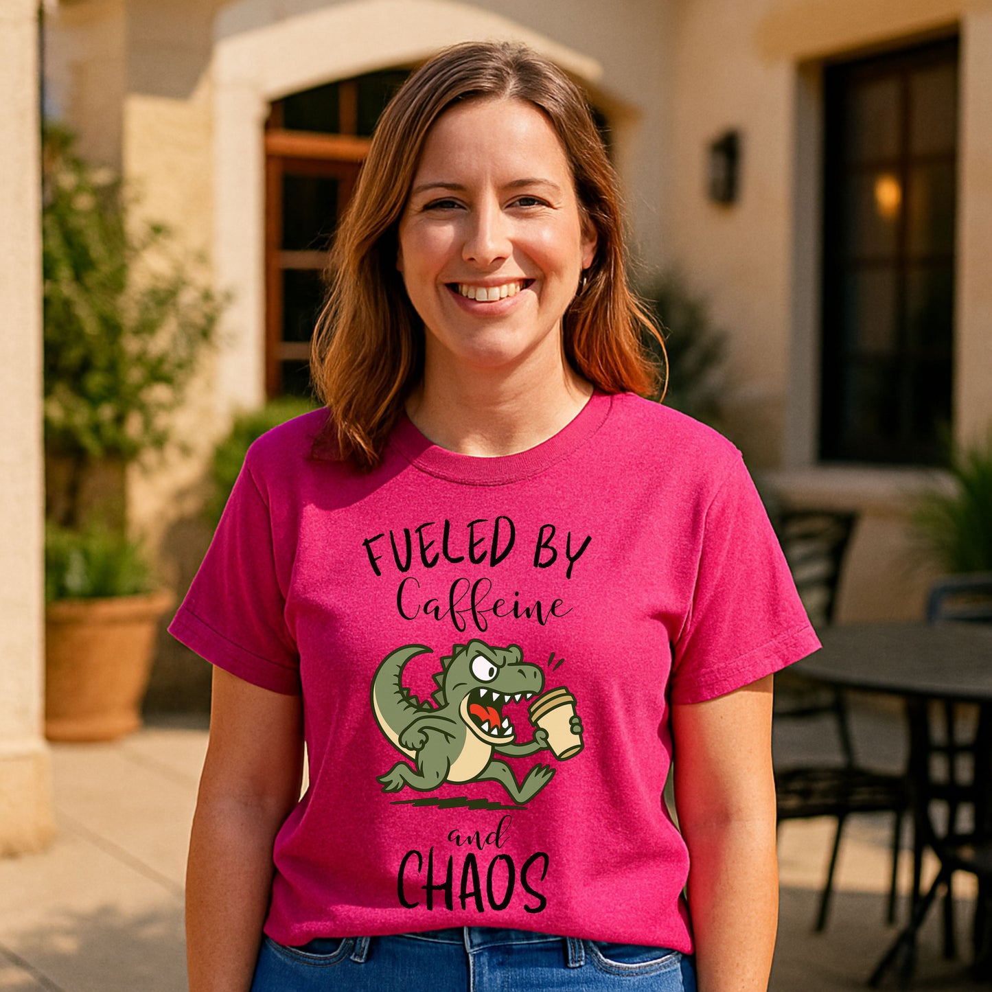 Fueled by Caffeine and Chaos Dinosaur T-Shirt – Funny Coffee T-Rex Tee for Caffeine Addicts