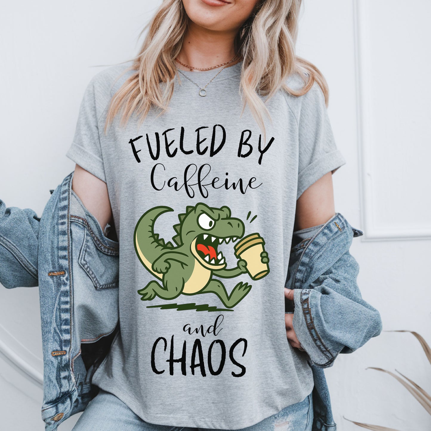 Fueled by Caffeine and Chaos Dinosaur T-Shirt – Funny Coffee T-Rex Tee for Caffeine Addicts