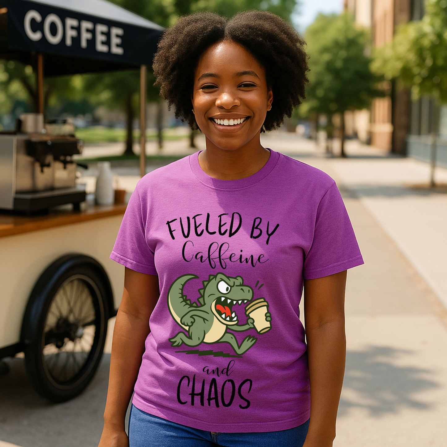 Fueled by Caffeine and Chaos Dinosaur T-Shirt – Funny Coffee T-Rex Tee for Caffeine Addicts