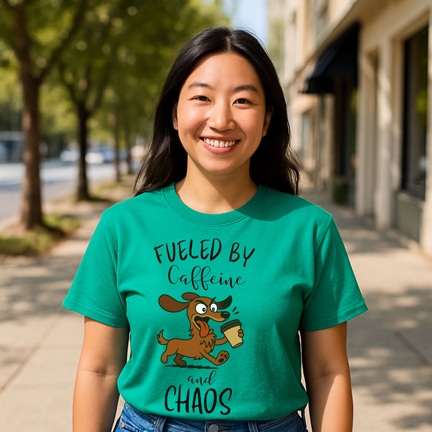 Fueled by Caffeine and Chaos Dachshund T-Shirt – Funny Coffee Dog Tee for Pet Lovers