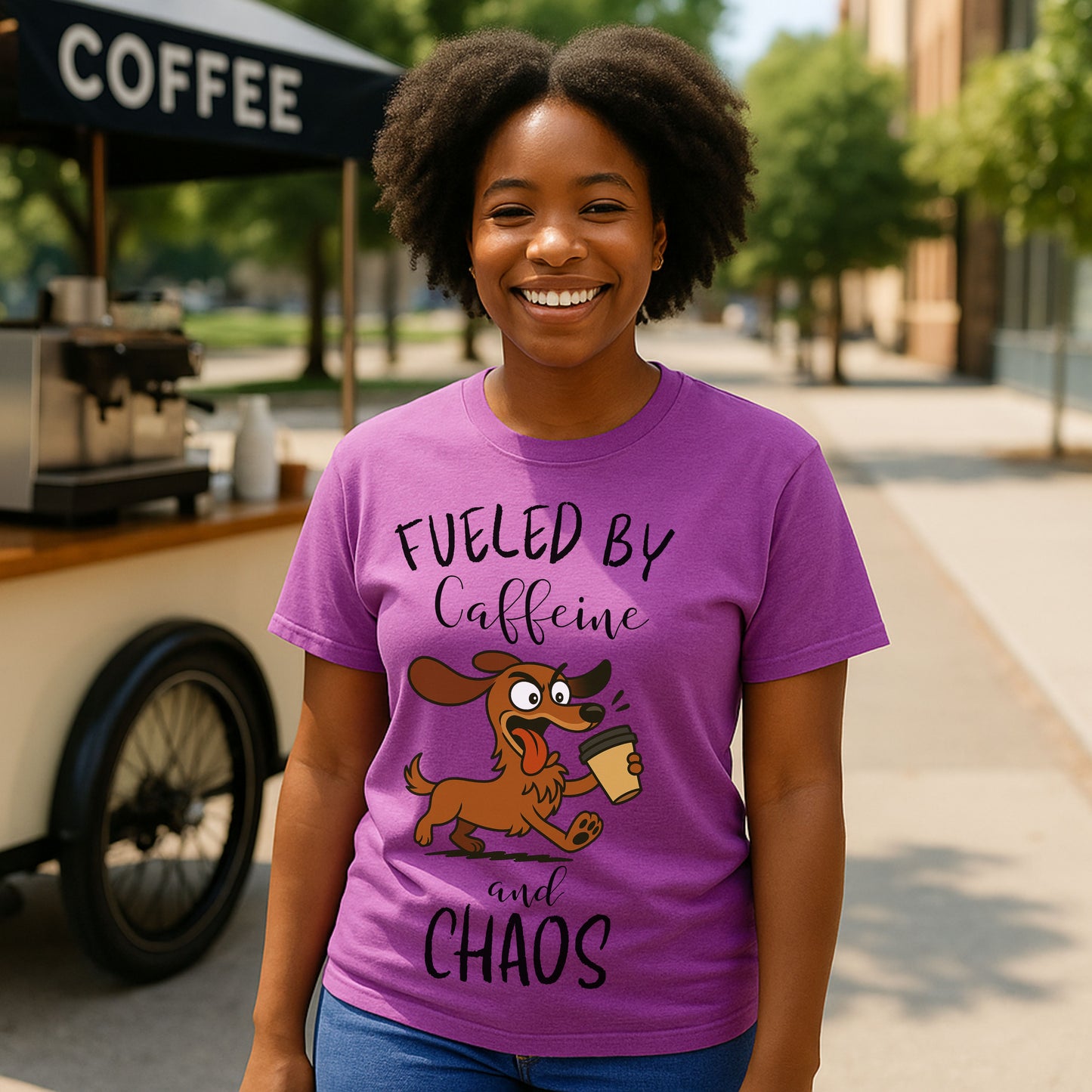 Fueled by Caffeine and Chaos Dachshund T-Shirt – Funny Coffee Dog Tee for Pet Lovers