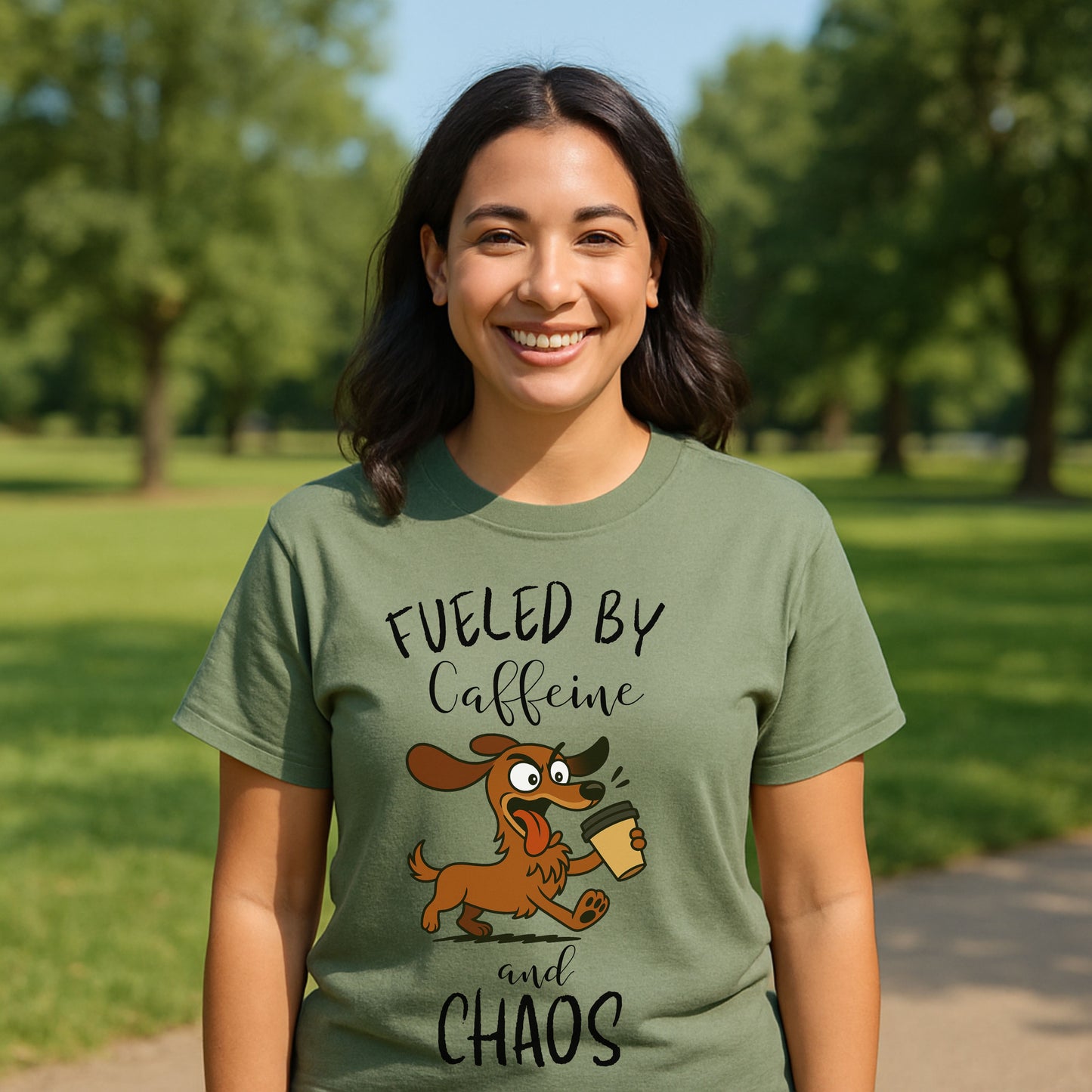 Fueled by Caffeine and Chaos Dachshund T-Shirt – Funny Coffee Dog Tee for Pet Lovers