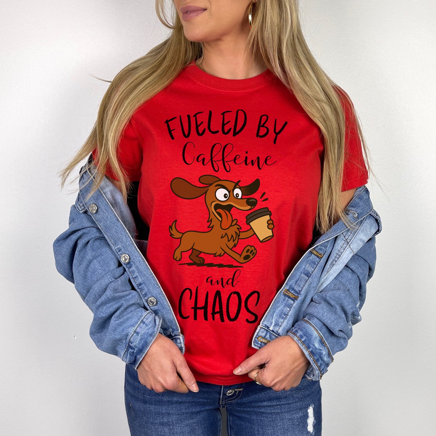 Fueled by Caffeine and Chaos Dachshund T-Shirt – Funny Coffee Dog Tee for Pet Lovers