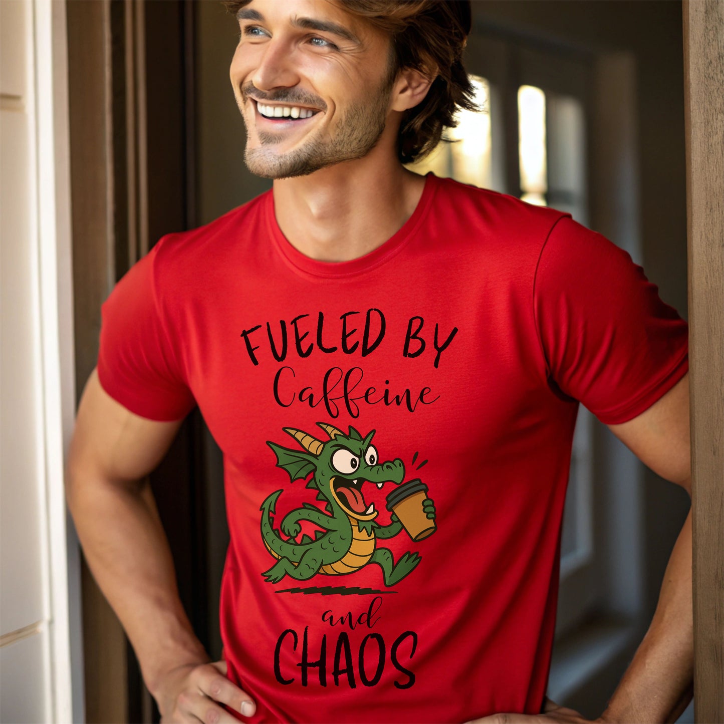 Fueled by Caffeine and Chaos Dragon T-Shirt – Funny Fantasy Coffee Tee for Mythical Creature Fans