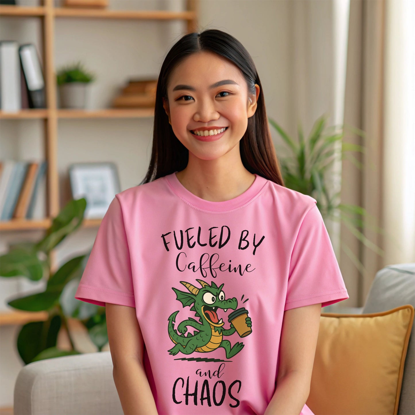Fueled by Caffeine and Chaos Dragon T-Shirt – Funny Fantasy Coffee Tee for Mythical Creature Fans