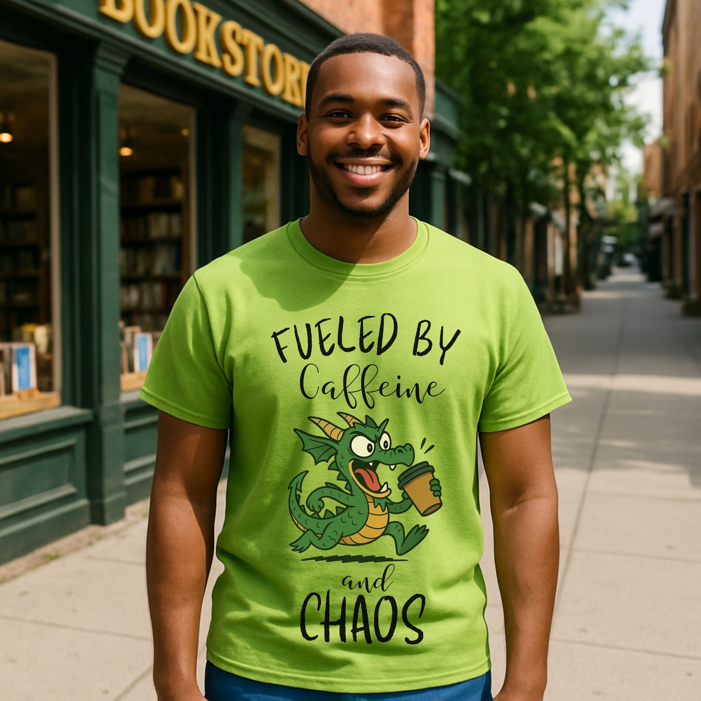 Fueled by Caffeine and Chaos Dragon T-Shirt – Funny Fantasy Coffee Tee for Mythical Creature Fans