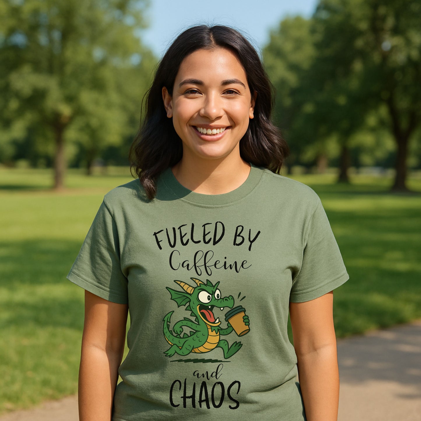 Fueled by Caffeine and Chaos Dragon T-Shirt – Funny Fantasy Coffee Tee for Mythical Creature Fans