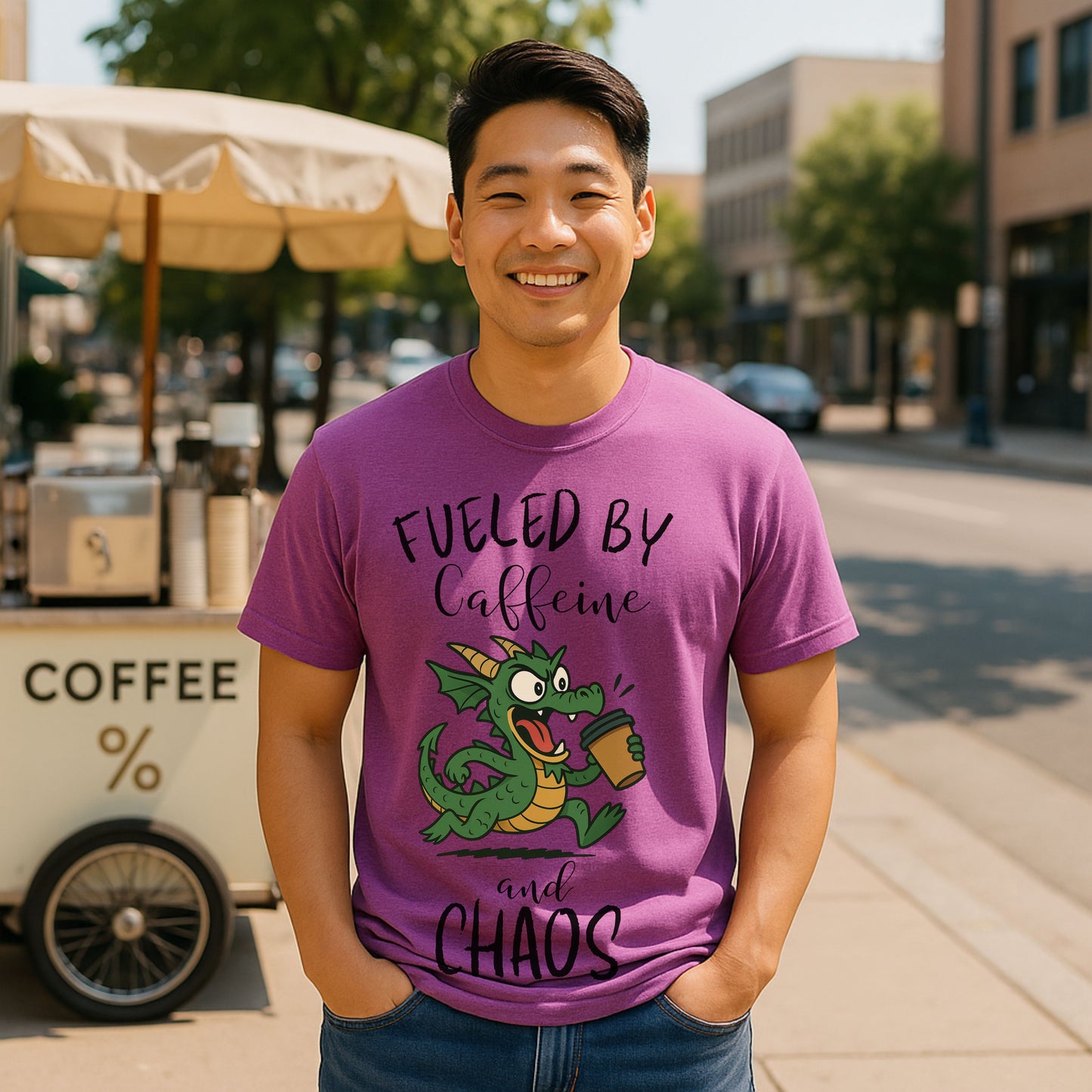 Fueled by Caffeine and Chaos Dragon T-Shirt – Funny Fantasy Coffee Tee for Mythical Creature Fans