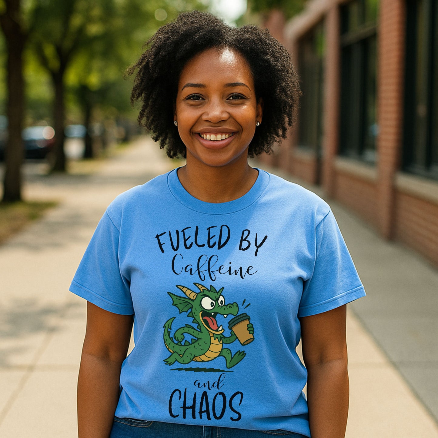 Fueled by Caffeine and Chaos Dragon T-Shirt – Funny Fantasy Coffee Tee for Mythical Creature Fans