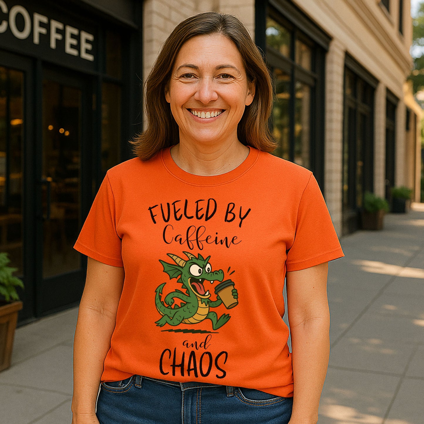 Fueled by Caffeine and Chaos Dragon T-Shirt – Funny Fantasy Coffee Tee for Mythical Creature Fans