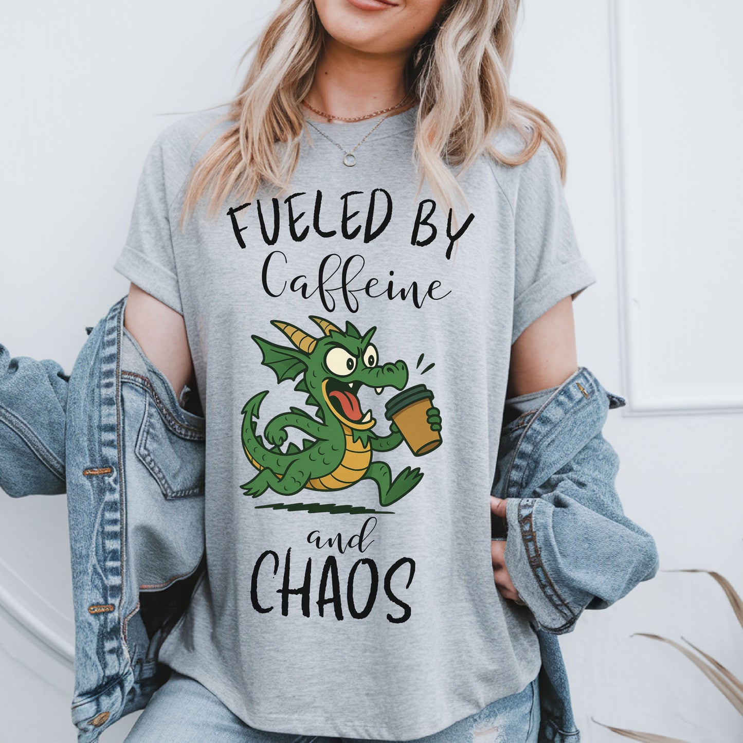 Fueled by Caffeine and Chaos Dragon T-Shirt – Funny Fantasy Coffee Tee for Mythical Creature Fans