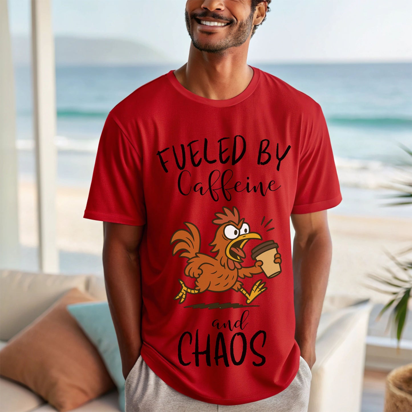 Fueled by Caffeine and Chaos Chicken T-Shirt – Funny Coffee Hen Tee for Animal Lovers