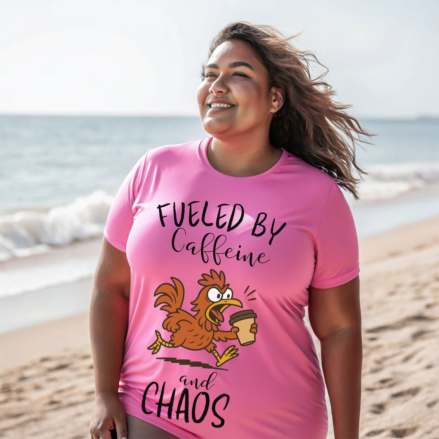 Fueled by Caffeine and Chaos Chicken T-Shirt – Funny Coffee Hen Tee for Animal Lovers