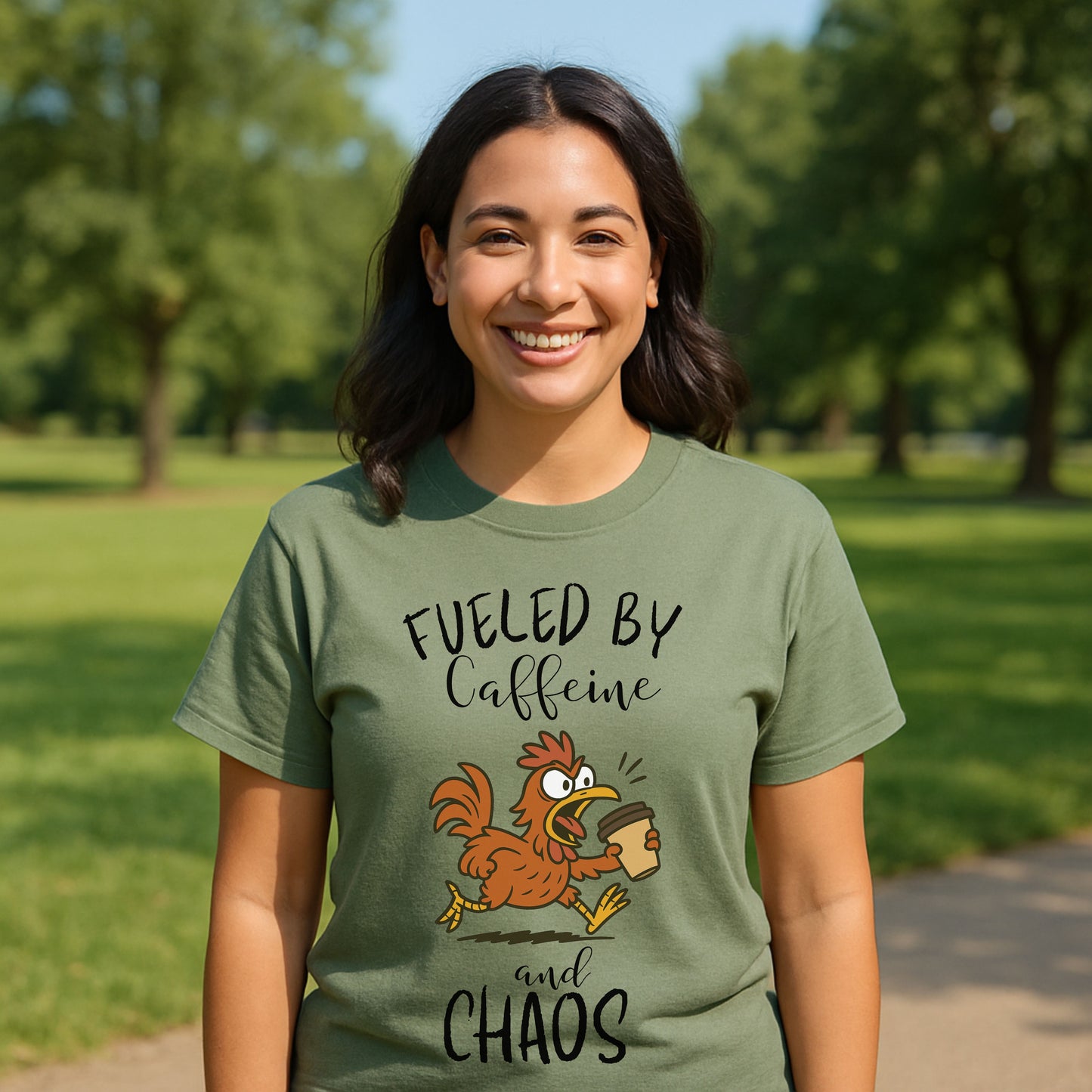 Fueled by Caffeine and Chaos Chicken T-Shirt – Funny Coffee Hen Tee for Animal Lovers