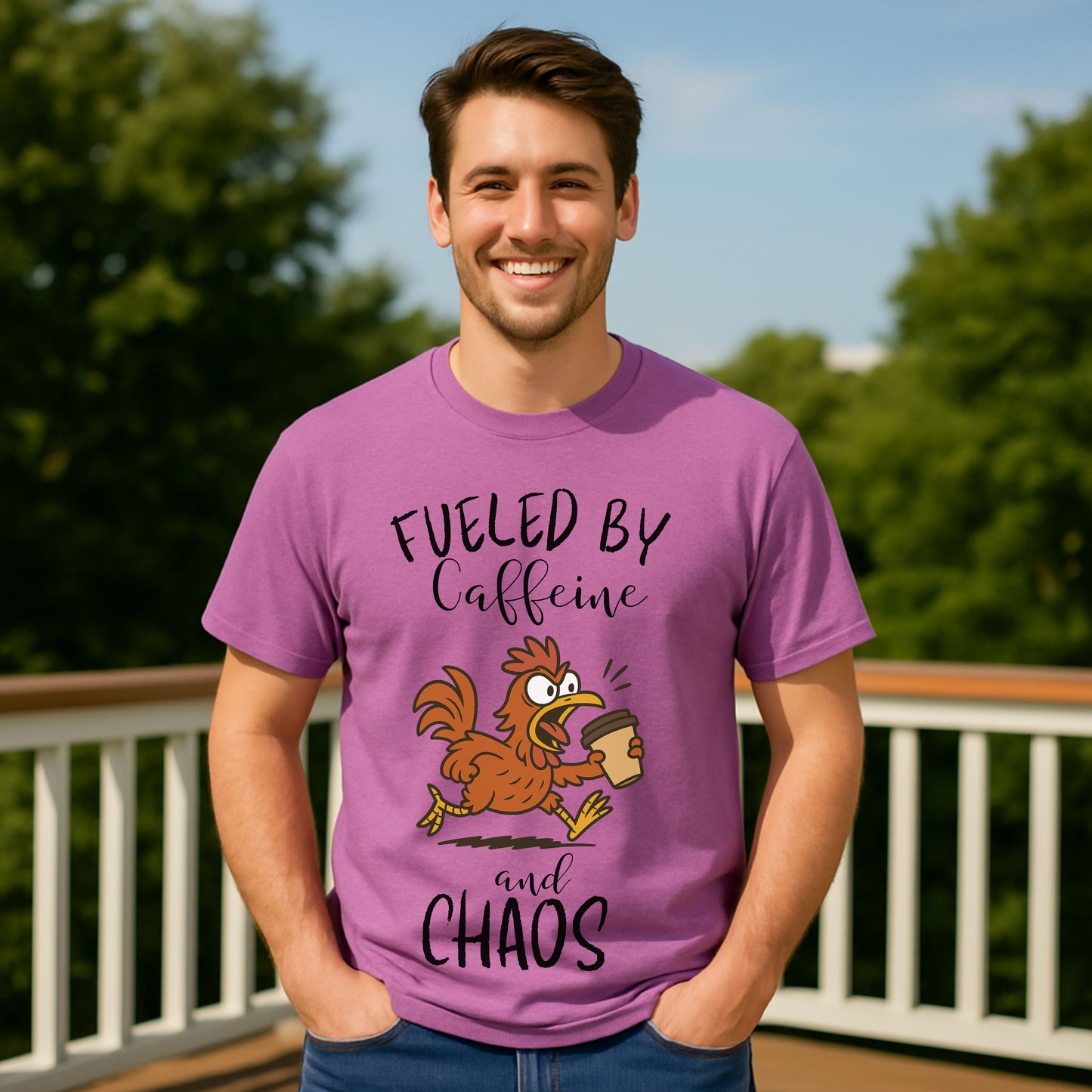 Fueled by Caffeine and Chaos Chicken T-Shirt – Funny Coffee Hen Tee for Animal Lovers
