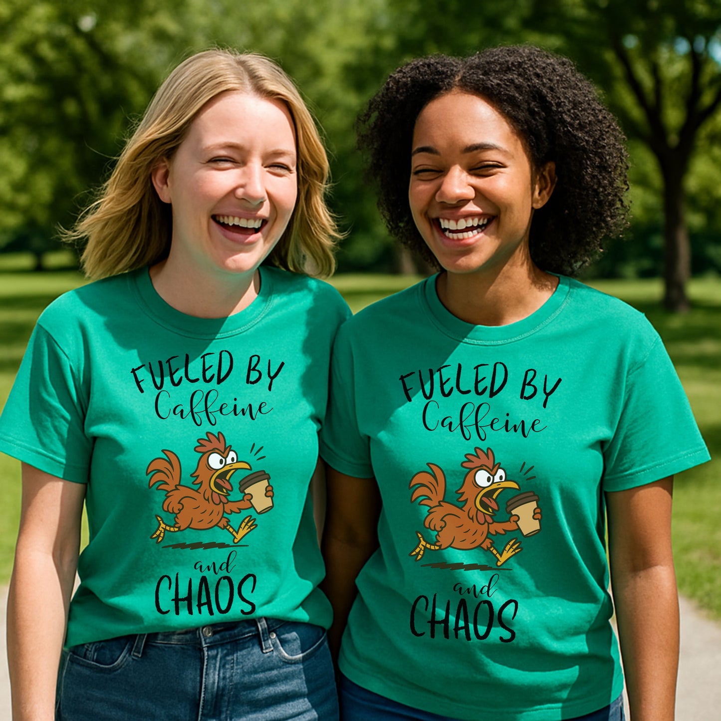 Fueled by Caffeine and Chaos Chicken T-Shirt – Funny Coffee Hen Tee for Animal Lovers