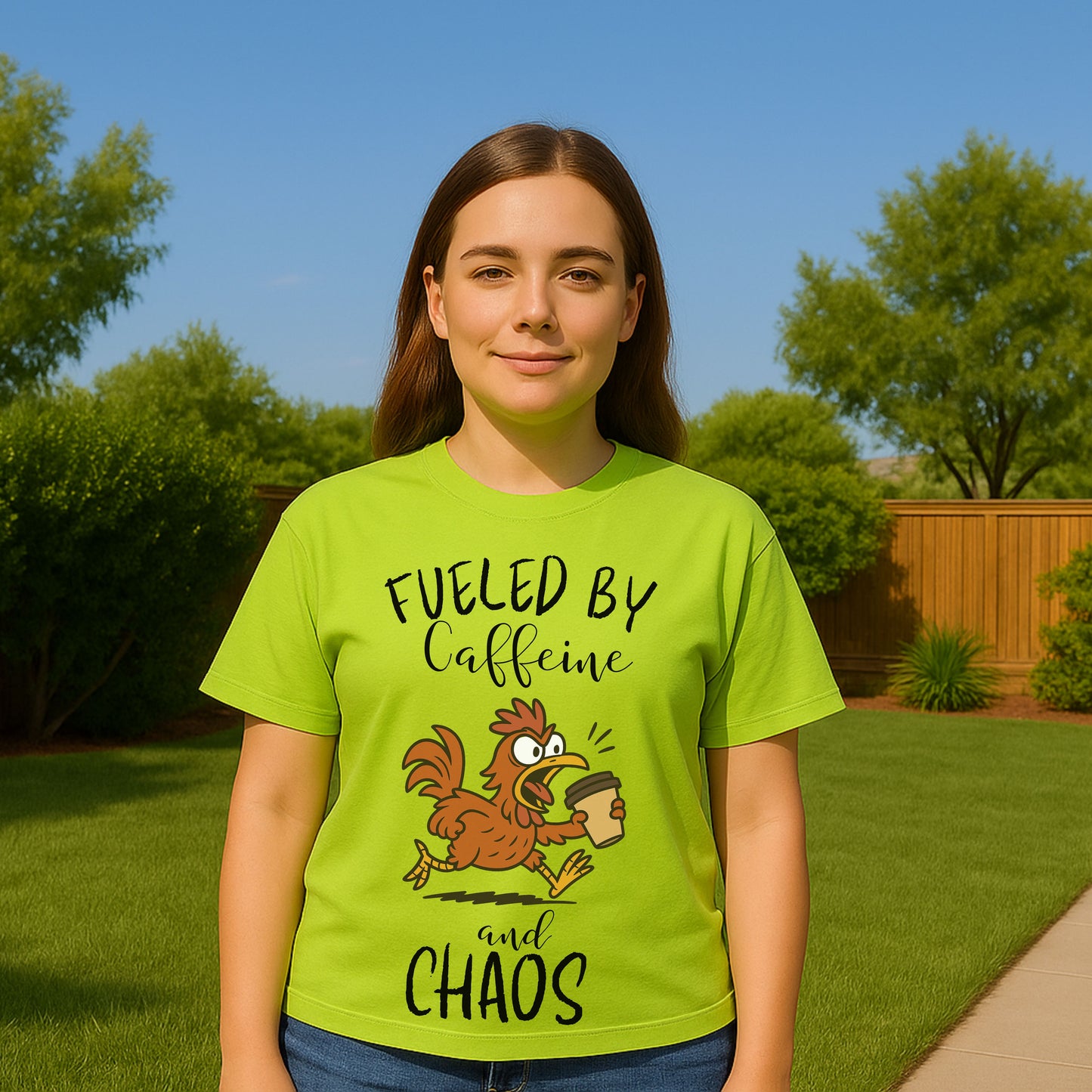 Fueled by Caffeine and Chaos Chicken T-Shirt – Funny Coffee Hen Tee for Animal Lovers