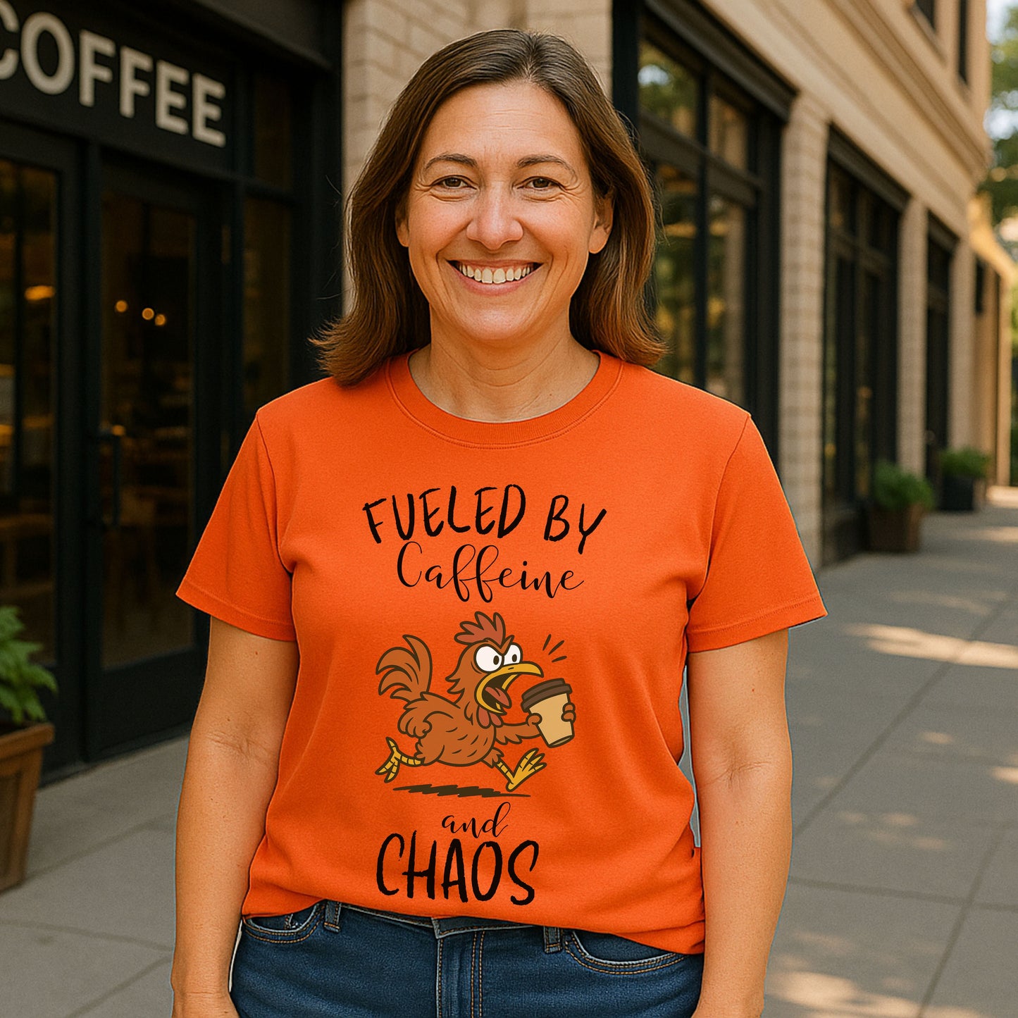 Fueled by Caffeine and Chaos Chicken T-Shirt – Funny Coffee Hen Tee for Animal Lovers