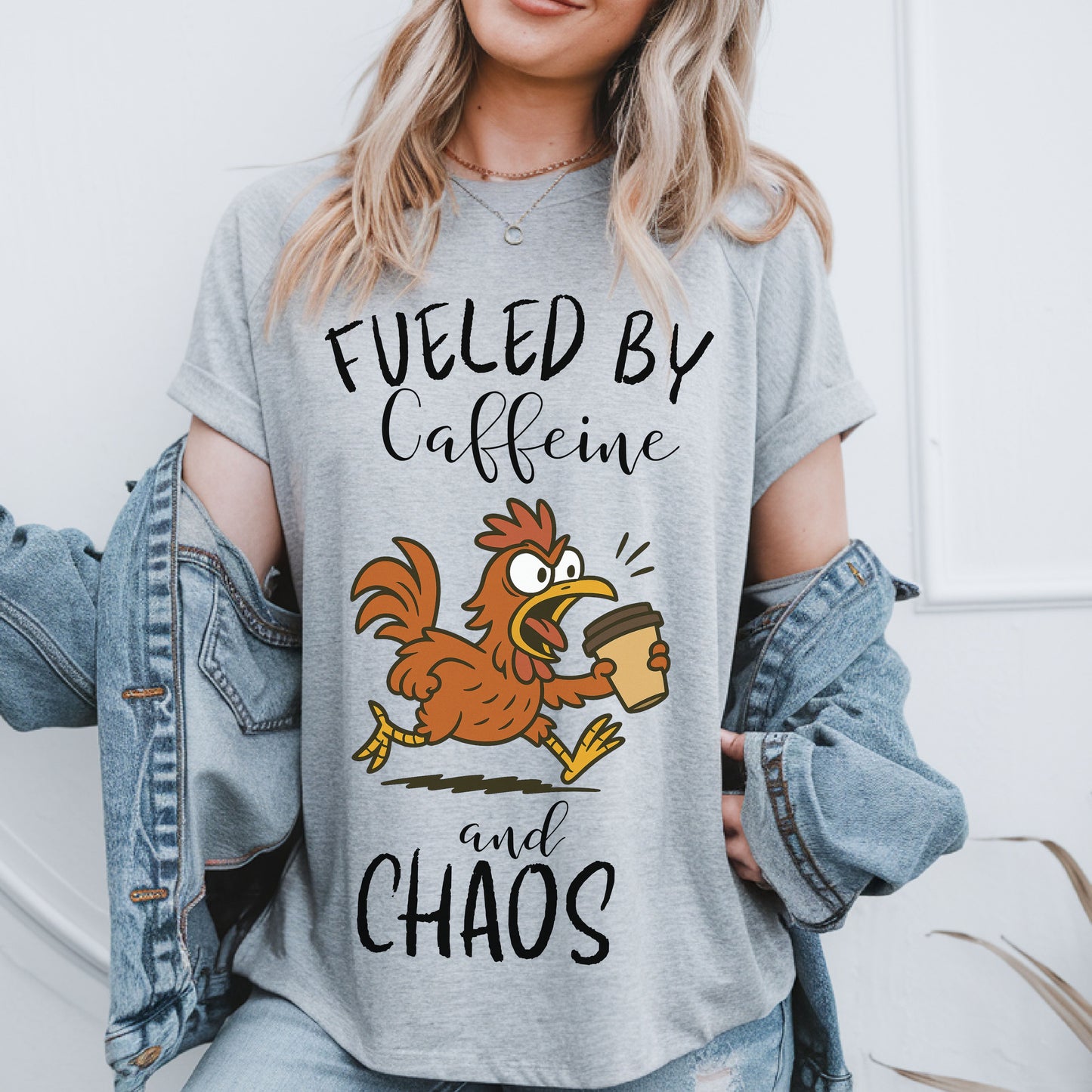 Fueled by Caffeine and Chaos Chicken T-Shirt – Funny Coffee Hen Tee for Animal Lovers