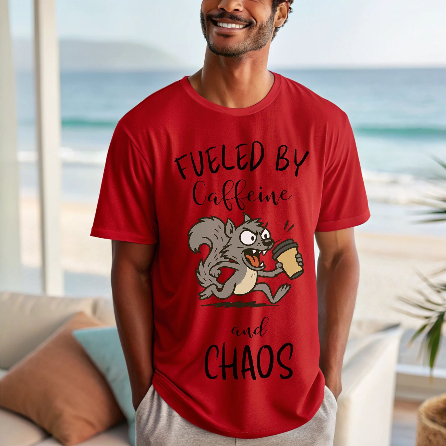 Fueled by Caffeine and Chaos Squirrel T-Shirt – Funny Coffee Animal Tee