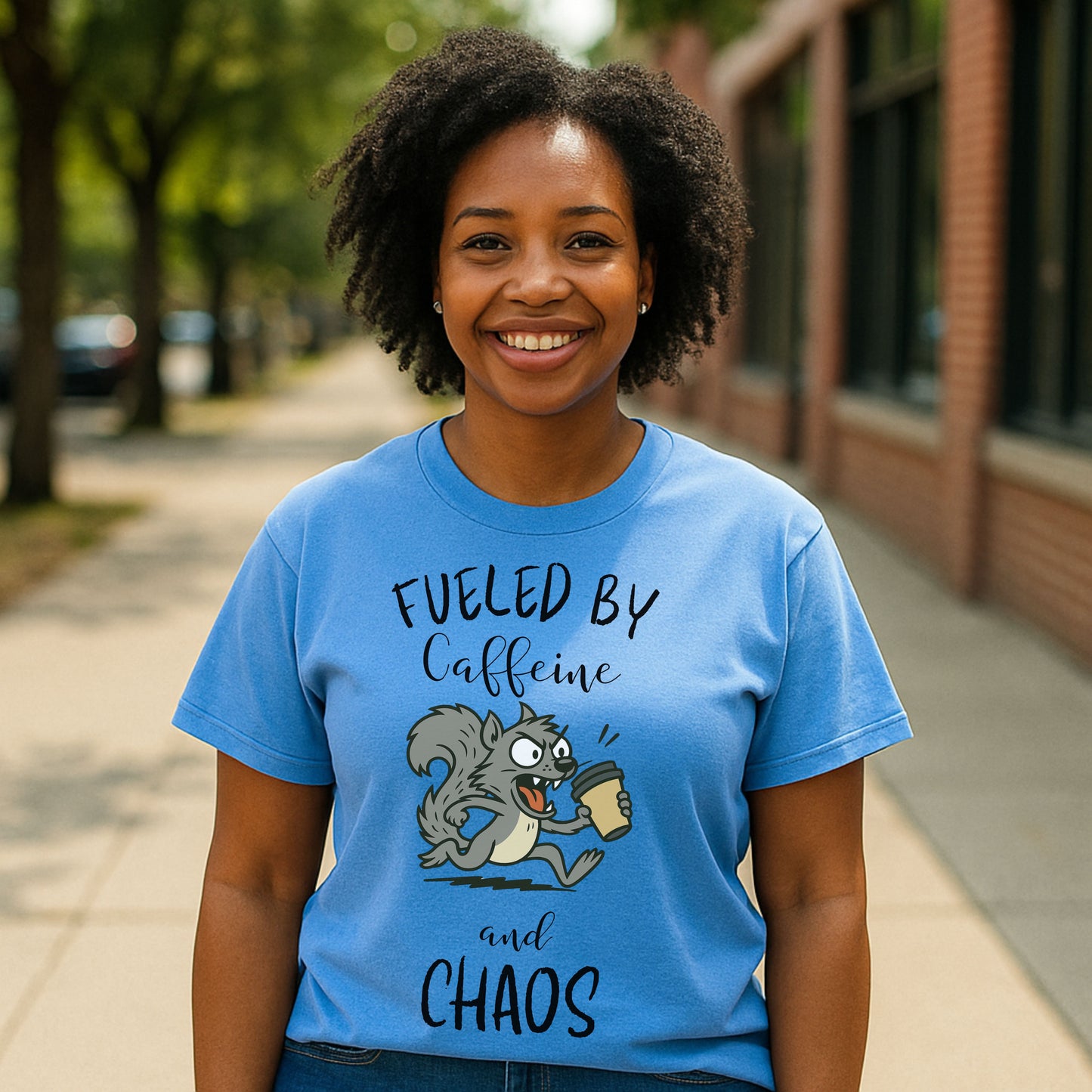 Fueled by Caffeine and Chaos Squirrel T-Shirt – Funny Coffee Animal Tee