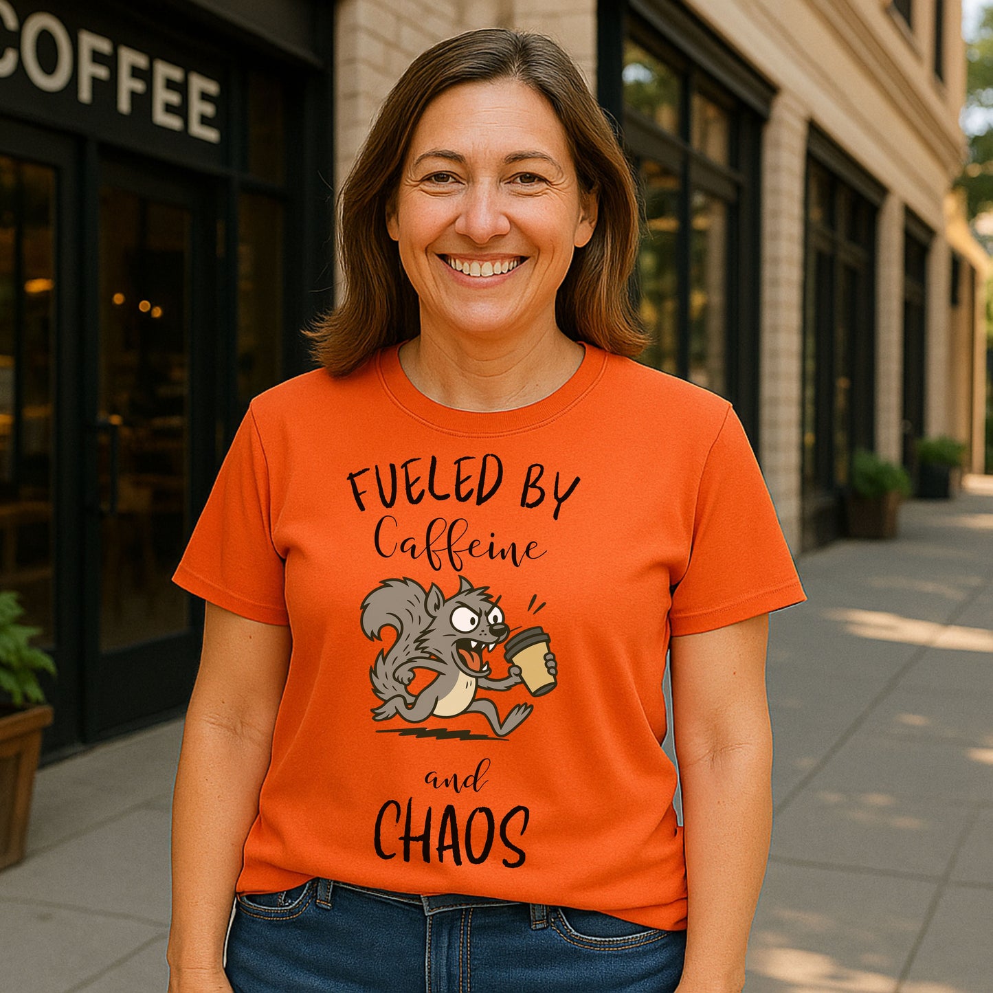 Fueled by Caffeine and Chaos Squirrel T-Shirt – Funny Coffee Animal Tee