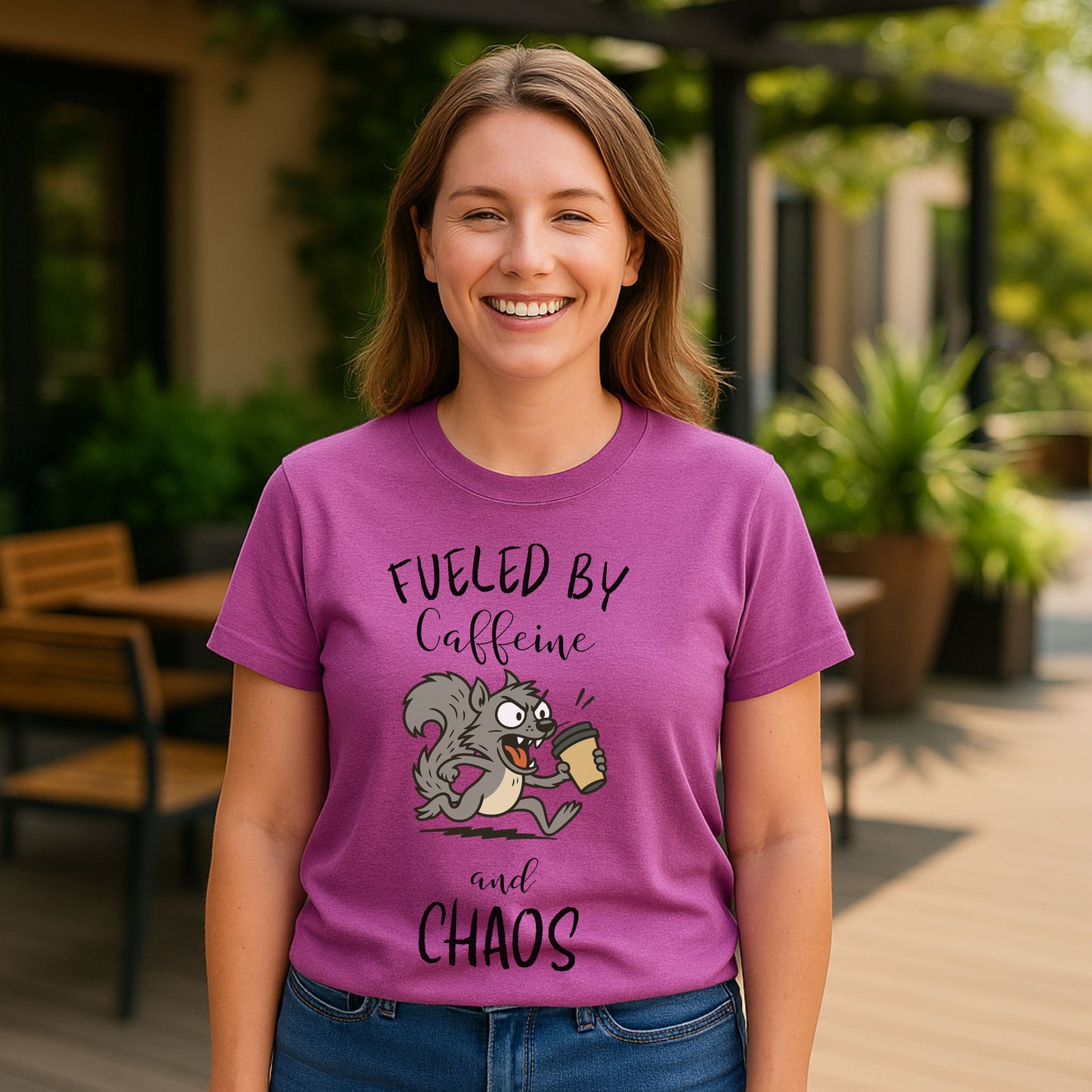 Fueled by Caffeine and Chaos Squirrel T-Shirt – Funny Coffee Animal Tee