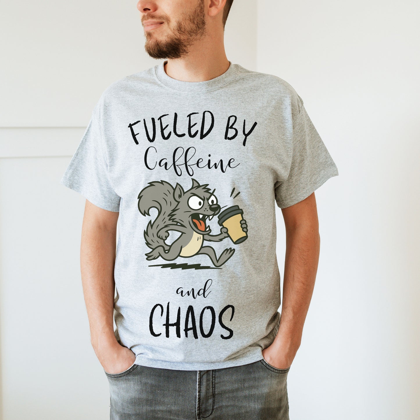 Fueled by Caffeine and Chaos Squirrel T-Shirt – Funny Coffee Animal Tee