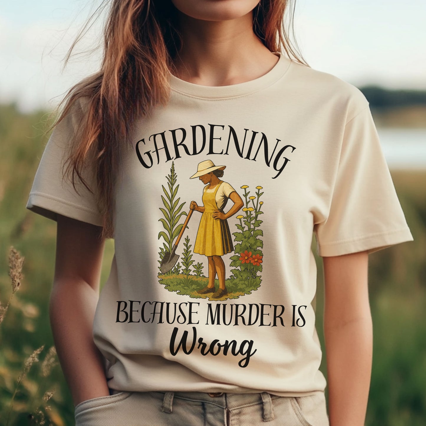 Funny Gardening T-Shirt – "Gardening Because Murder Is Wrong" Tee for Women, Dark Humor Garden Shirt, Gift for Plant Lovers