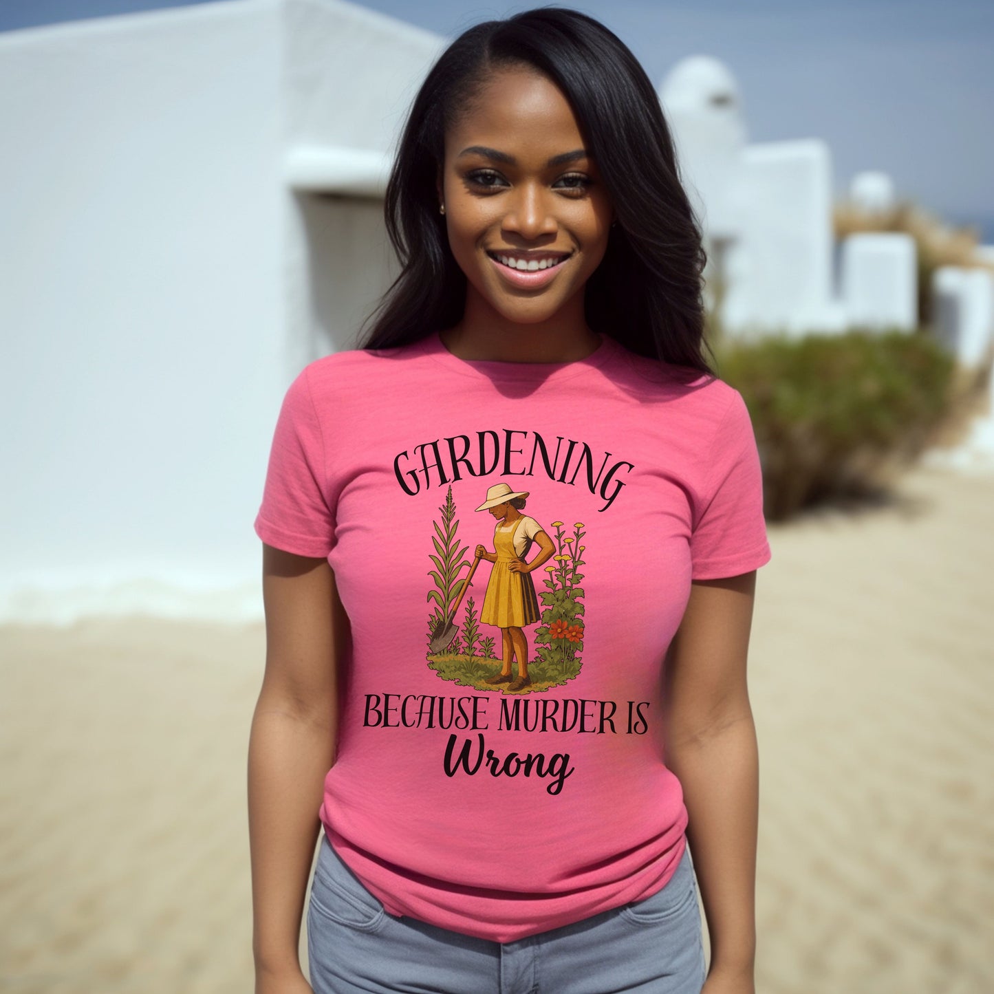 Funny Gardening T-Shirt – "Gardening Because Murder Is Wrong" Tee for Women, Dark Humor Garden Shirt, Gift for Plant Lovers