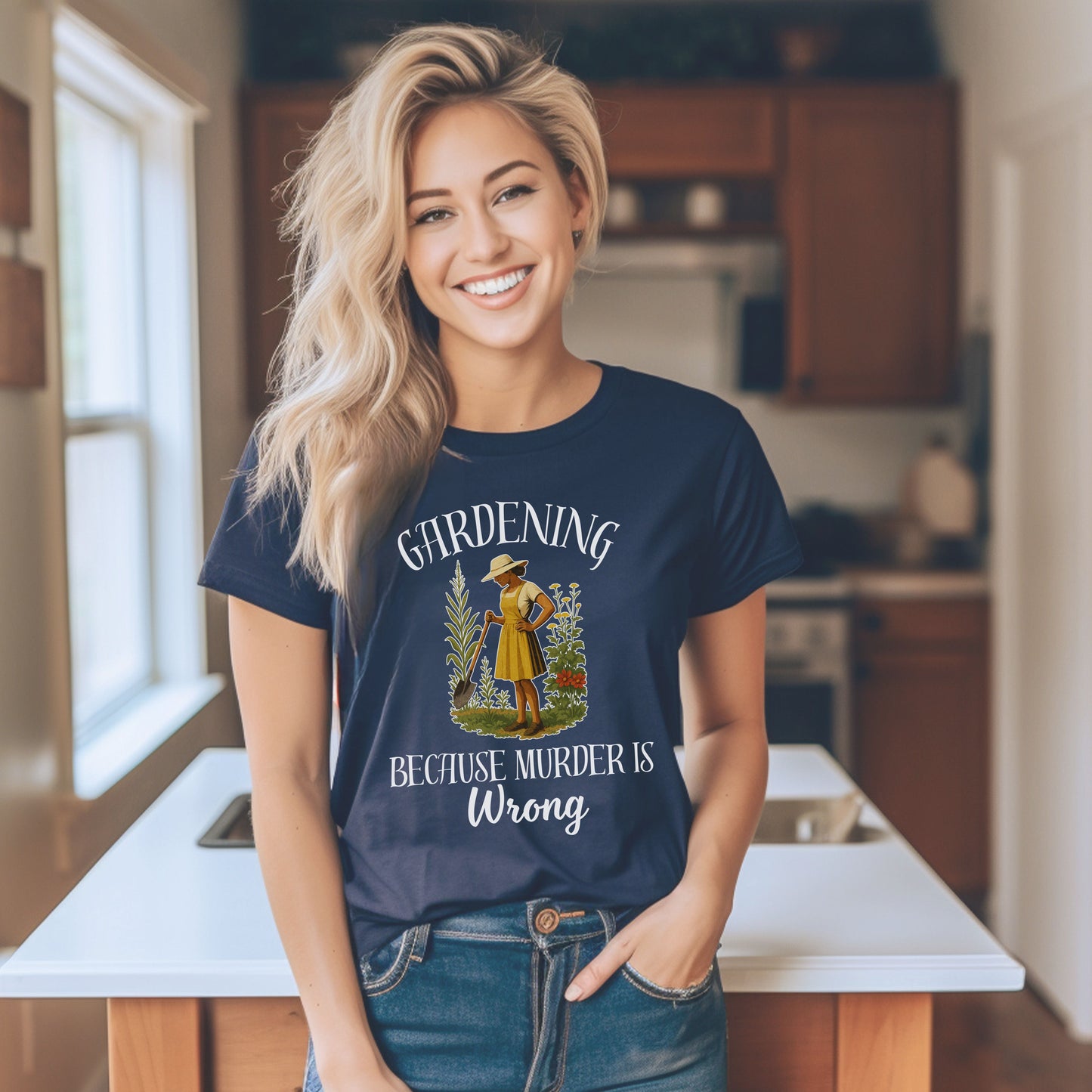Funny Gardening T-Shirt – "Gardening Because Murder Is Wrong" Tee for Women, Dark Humor Garden Shirt, Gift for Plant Lovers