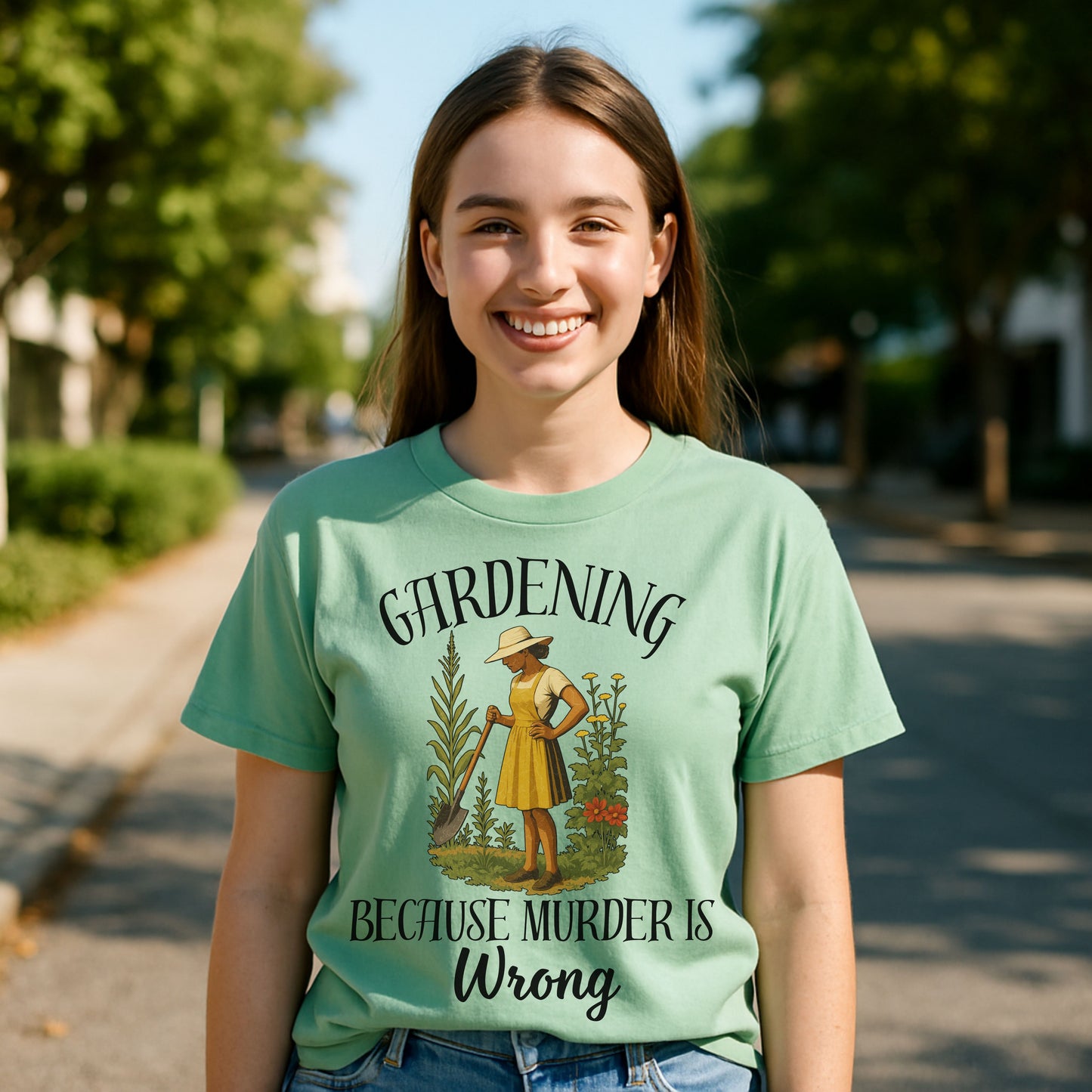 Funny Gardening T-Shirt – "Gardening Because Murder Is Wrong" Tee for Women, Dark Humor Garden Shirt, Gift for Plant Lovers