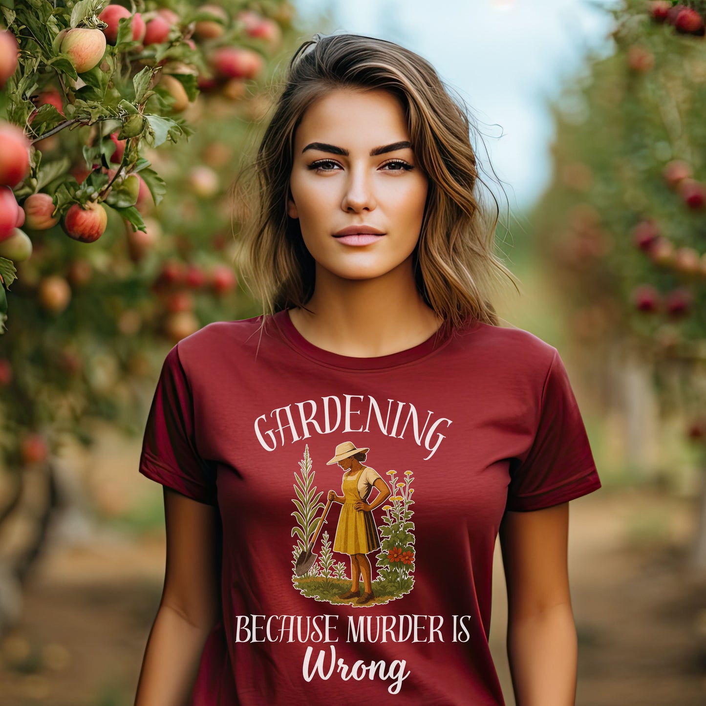 Funny Gardening T-Shirt – "Gardening Because Murder Is Wrong" Tee for Women, Dark Humor Garden Shirt, Gift for Plant Lovers