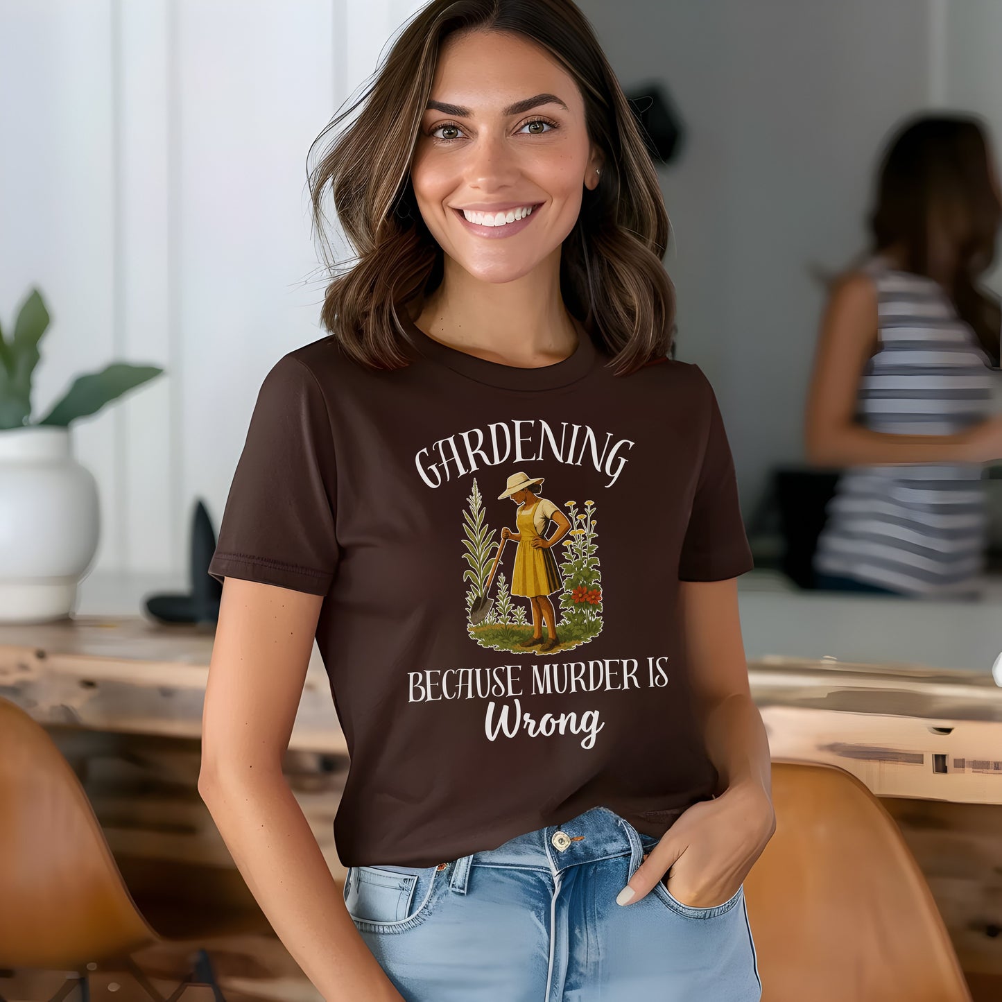Funny Gardening T-Shirt – "Gardening Because Murder Is Wrong" Tee for Women, Dark Humor Garden Shirt, Gift for Plant Lovers